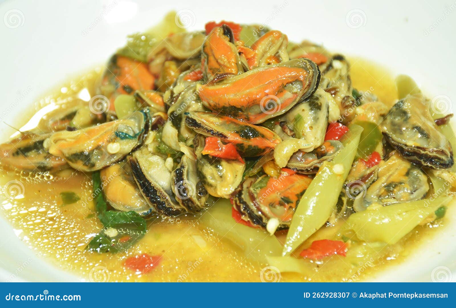 Spicy Stir Fried Mussel with Slice Onion and Basil Leaf on Plate Stock Image Image of chili