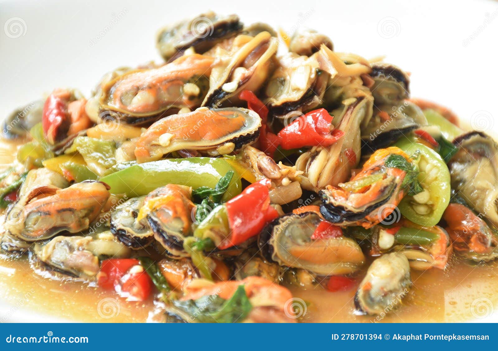 Spicy Stir Fried Mussel with Slice Onion and Basil Leaf on Plate Stock Photo Image of green