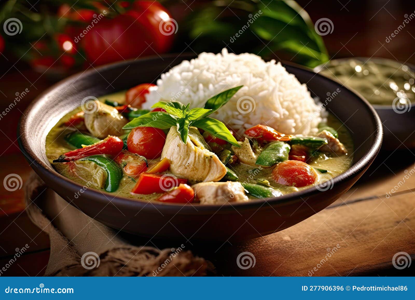 Spicy Thai Green Curry with Chicken, Vegetables, and Jasmine Rice Stock