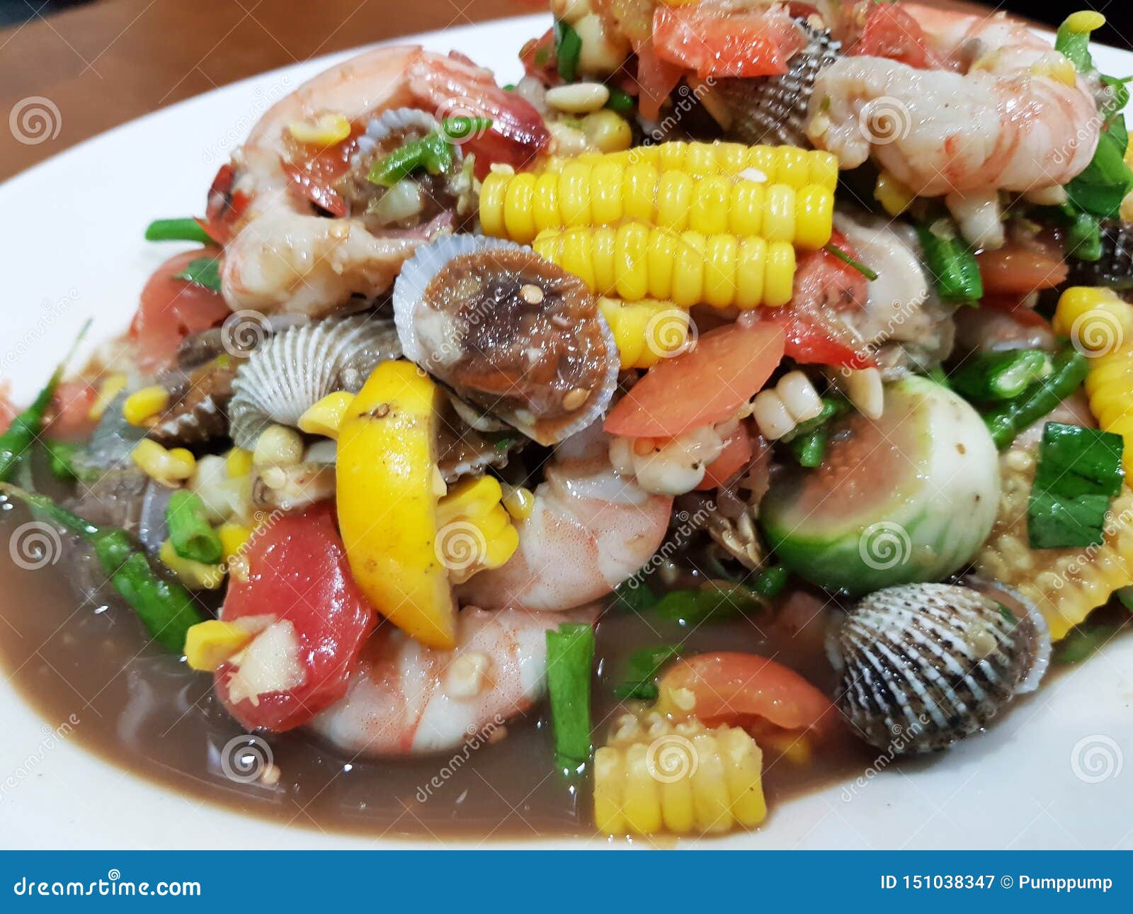 Spicy Thai Mix Seafood and Vegetable Salad Stock Image Image of green