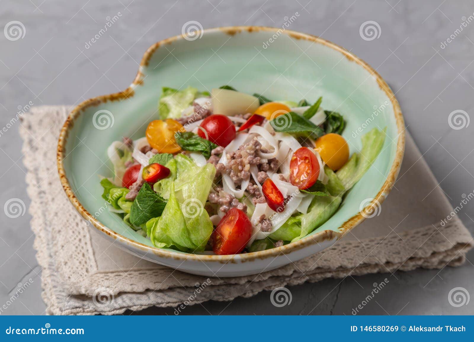 Spicy Thai Salad with Ground Beef and Rice Noodles. Yam Woon Sen Stock