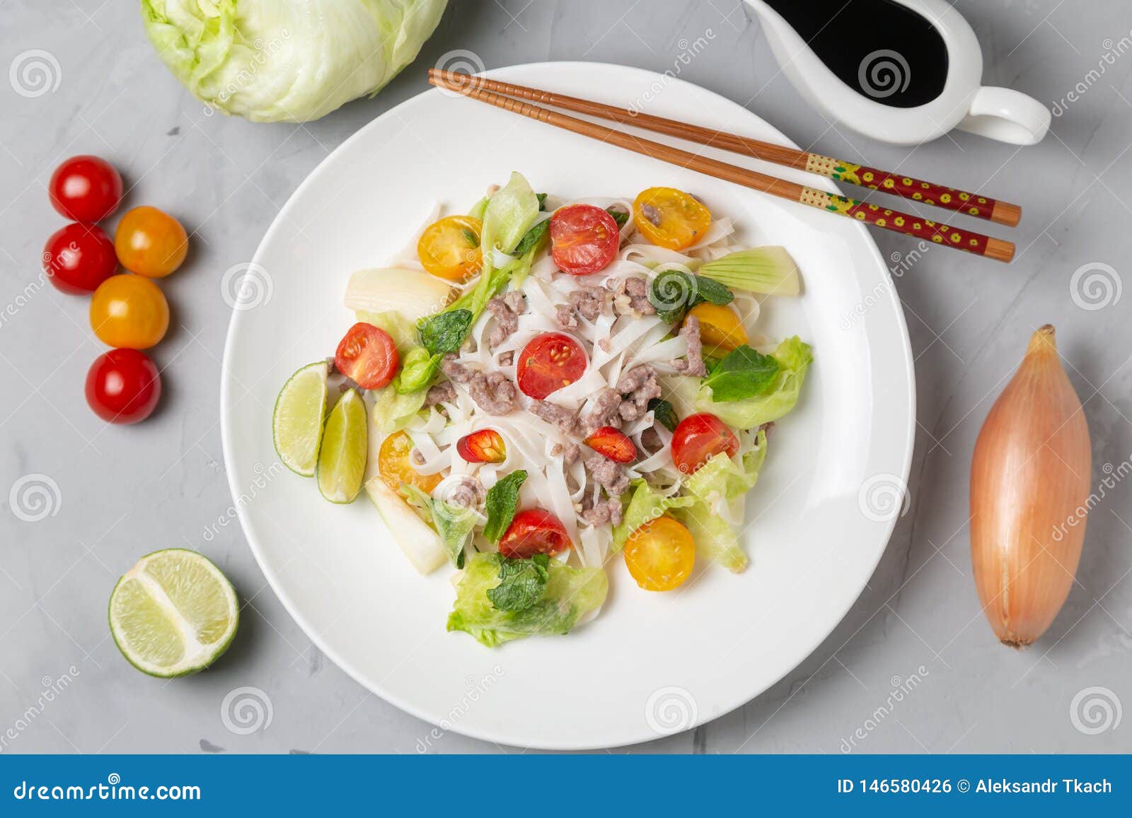 Spicy Thai Salad with Ground Beef and Rice Noodles. Yam Woon Sen Stock
