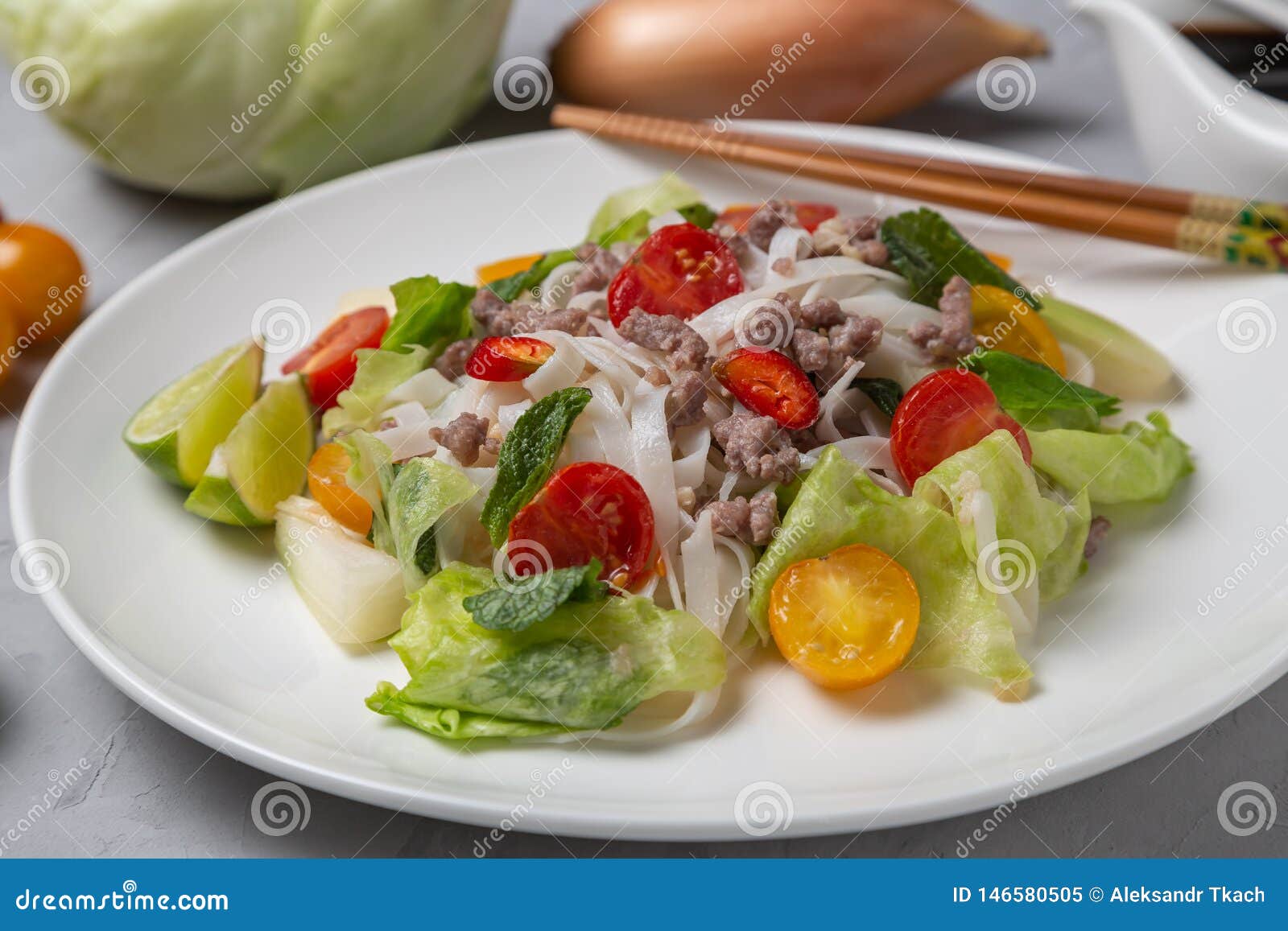 Spicy Thai Salad with Ground Beef and Rice Noodles. Yam Woon Sen Stock