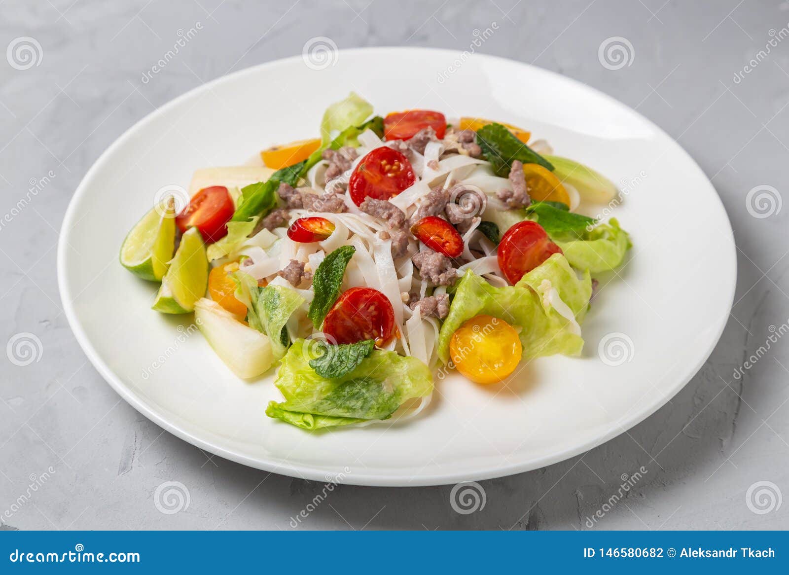 Spicy Thai Salad with Ground Beef and Rice Noodles. Yam Woon Sen Stock