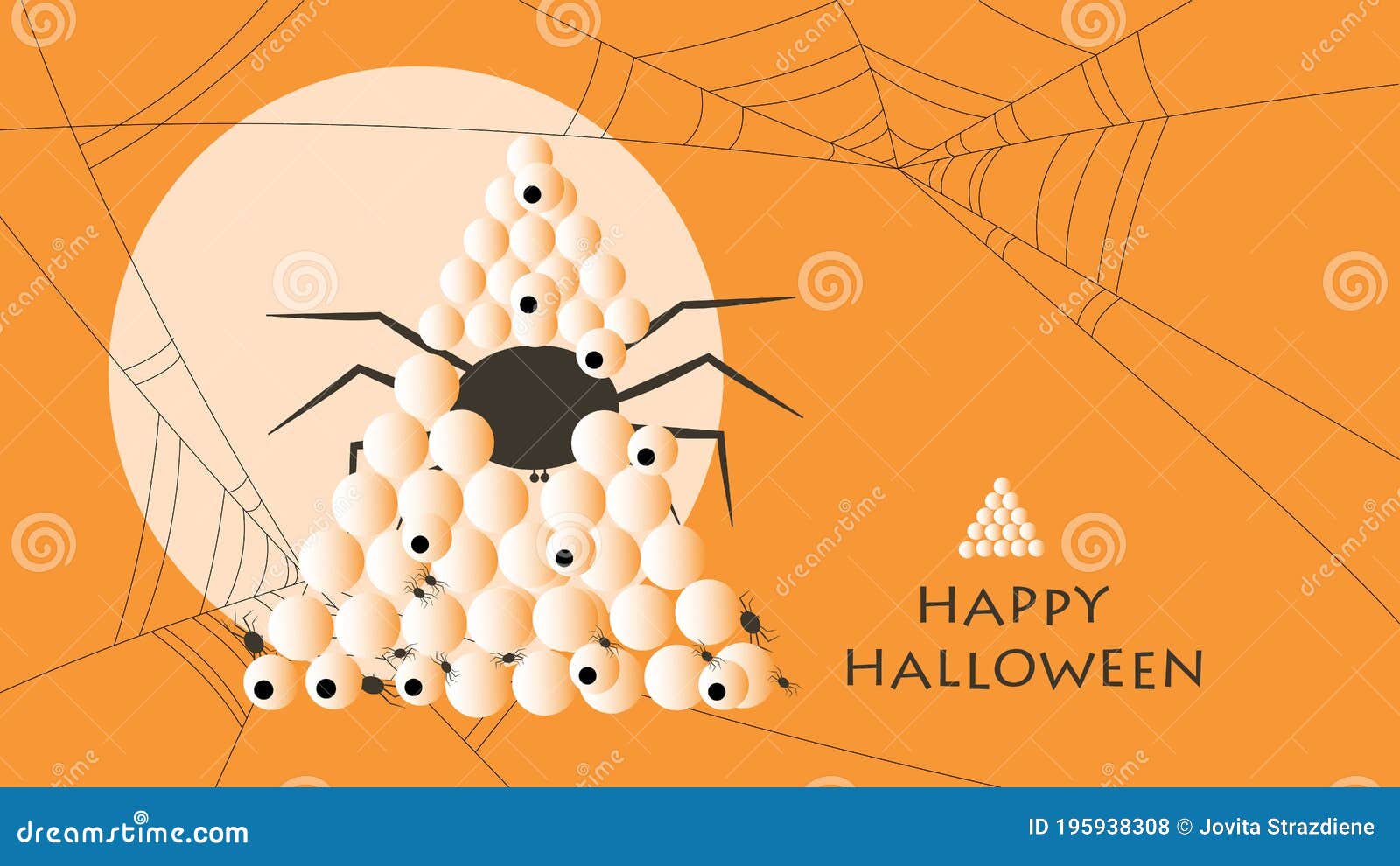 Spider with Eggs on Orange Background with Spiderweb and Eyes Stock