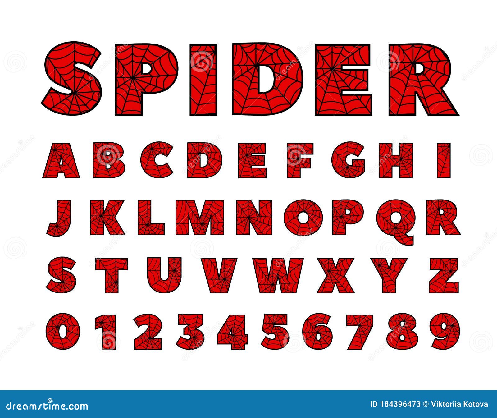 spider font. spiderman alphabet. black letters on red background.