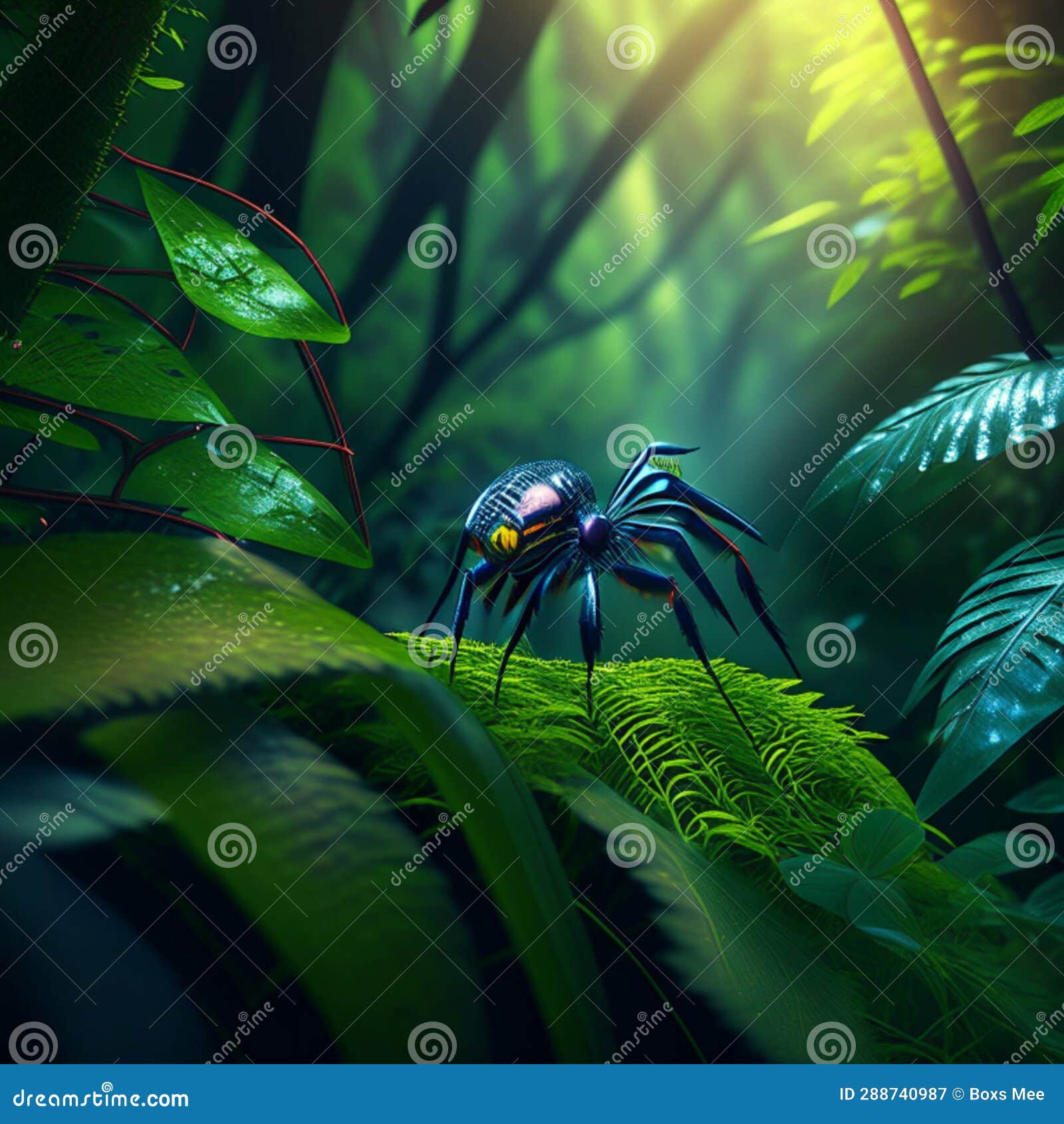 Spider in the Rainforest, 3d Rendering. Computer Digital Drawing Stock
