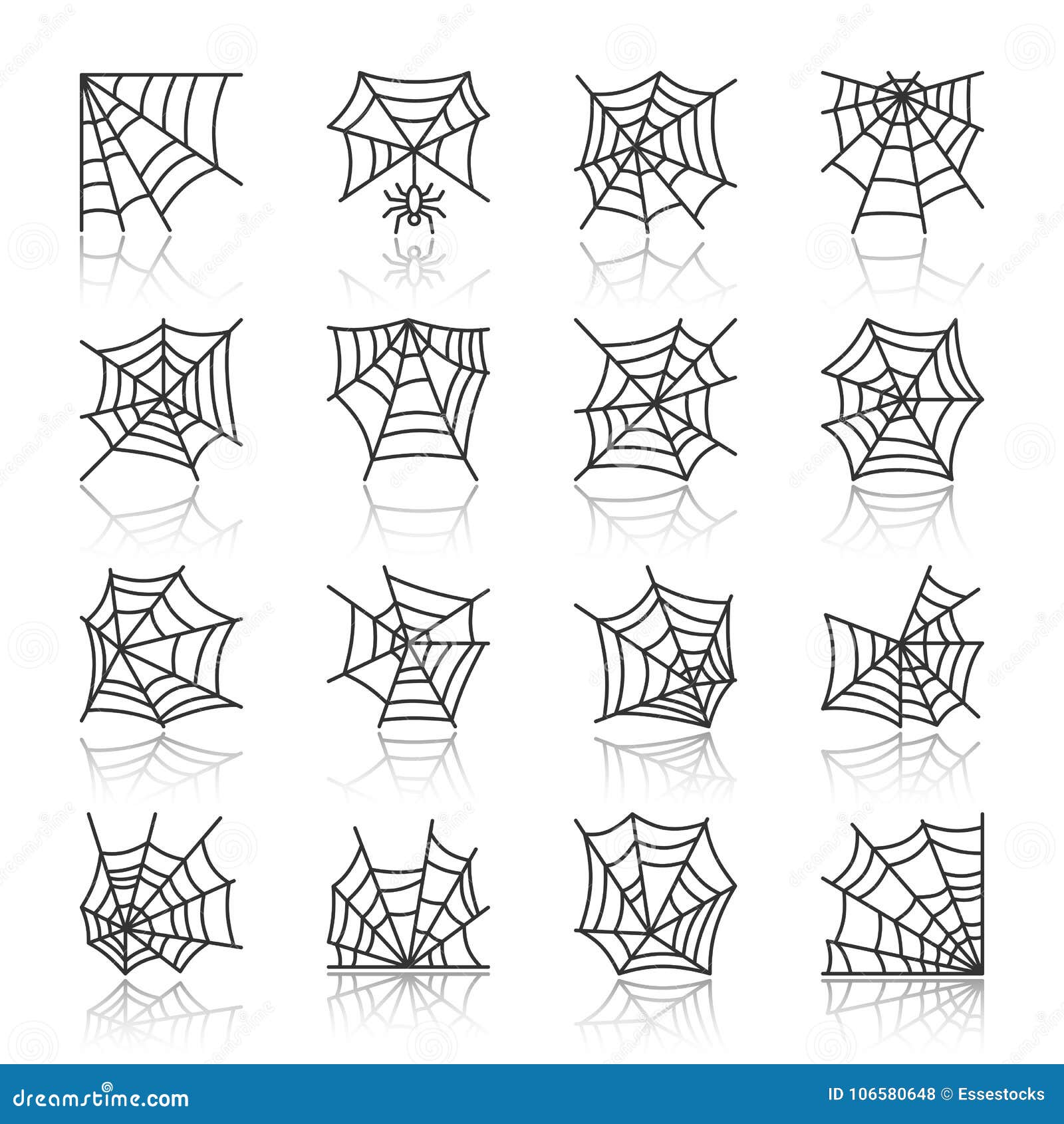 Spider web black line icon set with reflection. Spider web black thin line with reflection icon set. Cobweb vector isolated linear symbol pack. Spiderweb outline sign. Simple pictogram graphic collection. Textile, print, tag, banner, card design