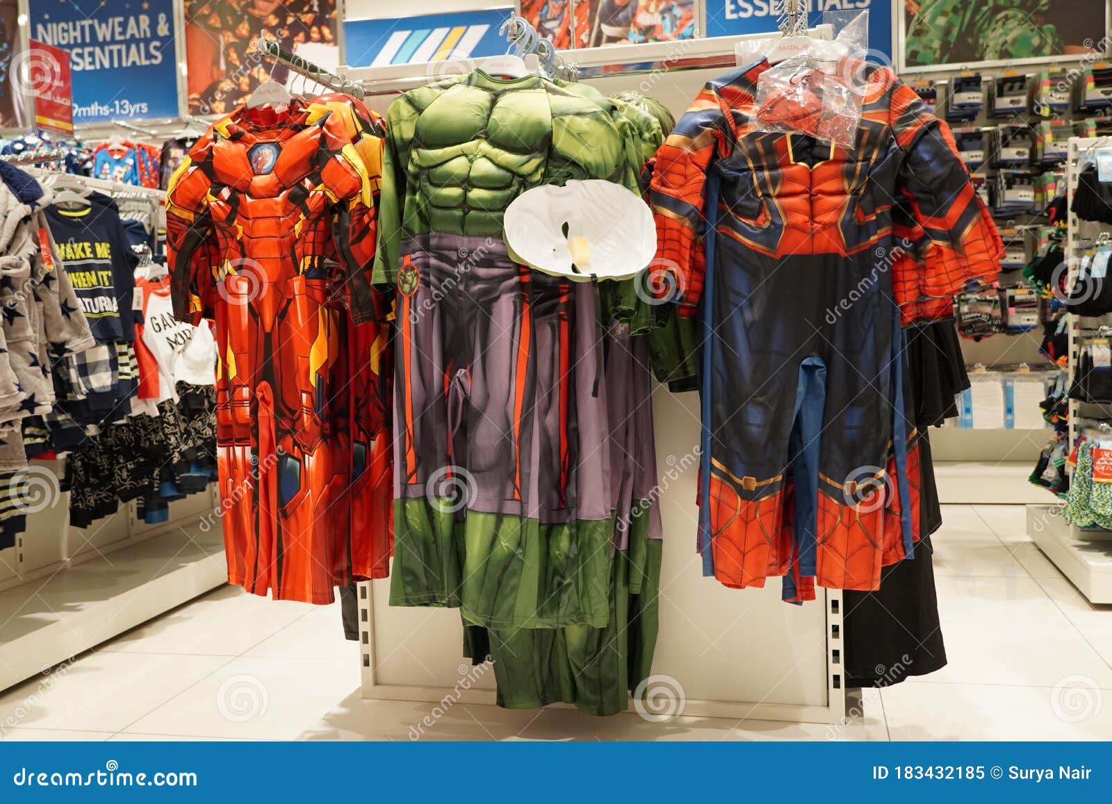 Spiderman, Superman, Action Figures Costume for Kids Hanging for Inside a Boutique Shop in a Mall. : Children Editorial Image - Image of industry, action: 183432185