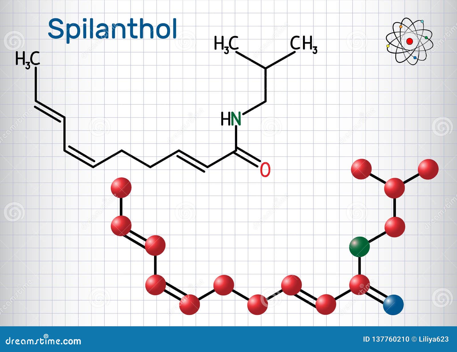 spilanthol molecule. it is a fatty acid amide, is used for the local anesthetic properties and in cosmetology. sheet of paper in