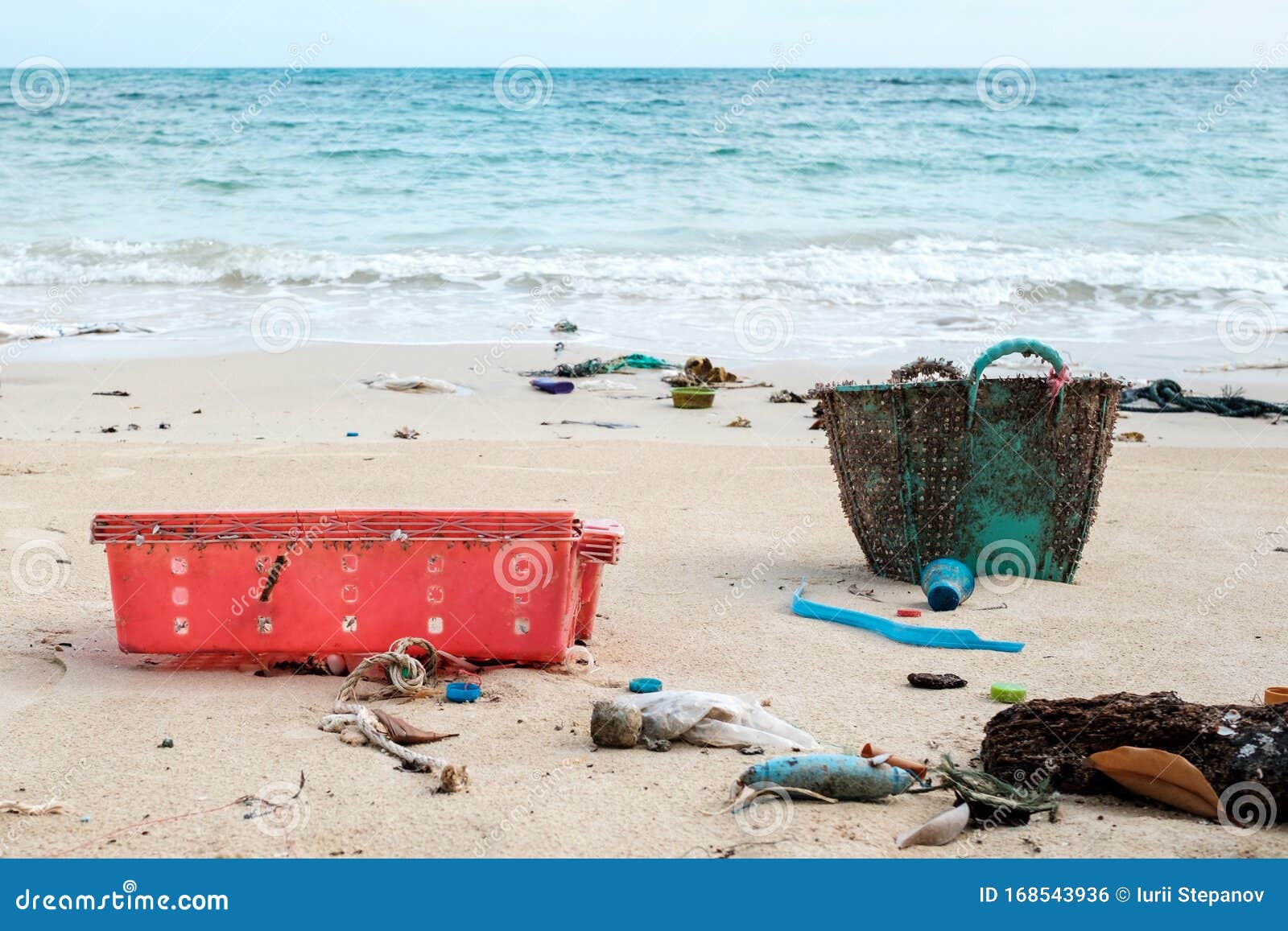 Spilled Plastic on the Beach. Ecological Problem Concept Stock Photo ...