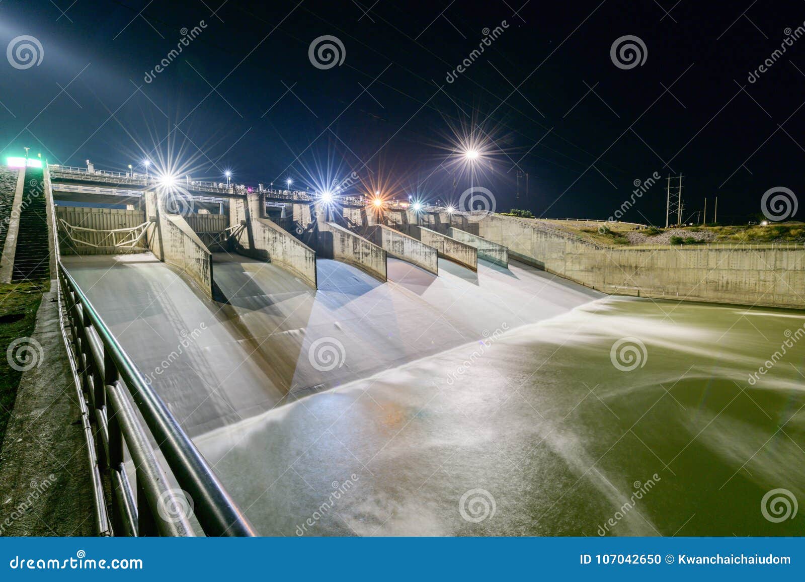 spillway of dam gate on night,pa sak cholasit dam