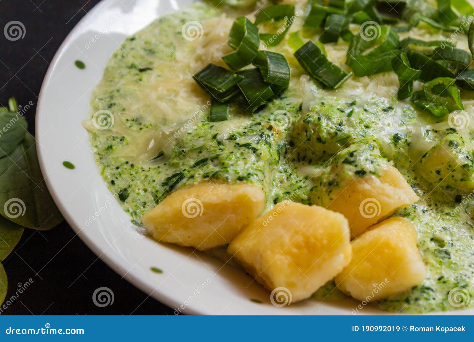 Spinach Broccoli Sauce with Potato Gnocchi Horizontal View Stock Image