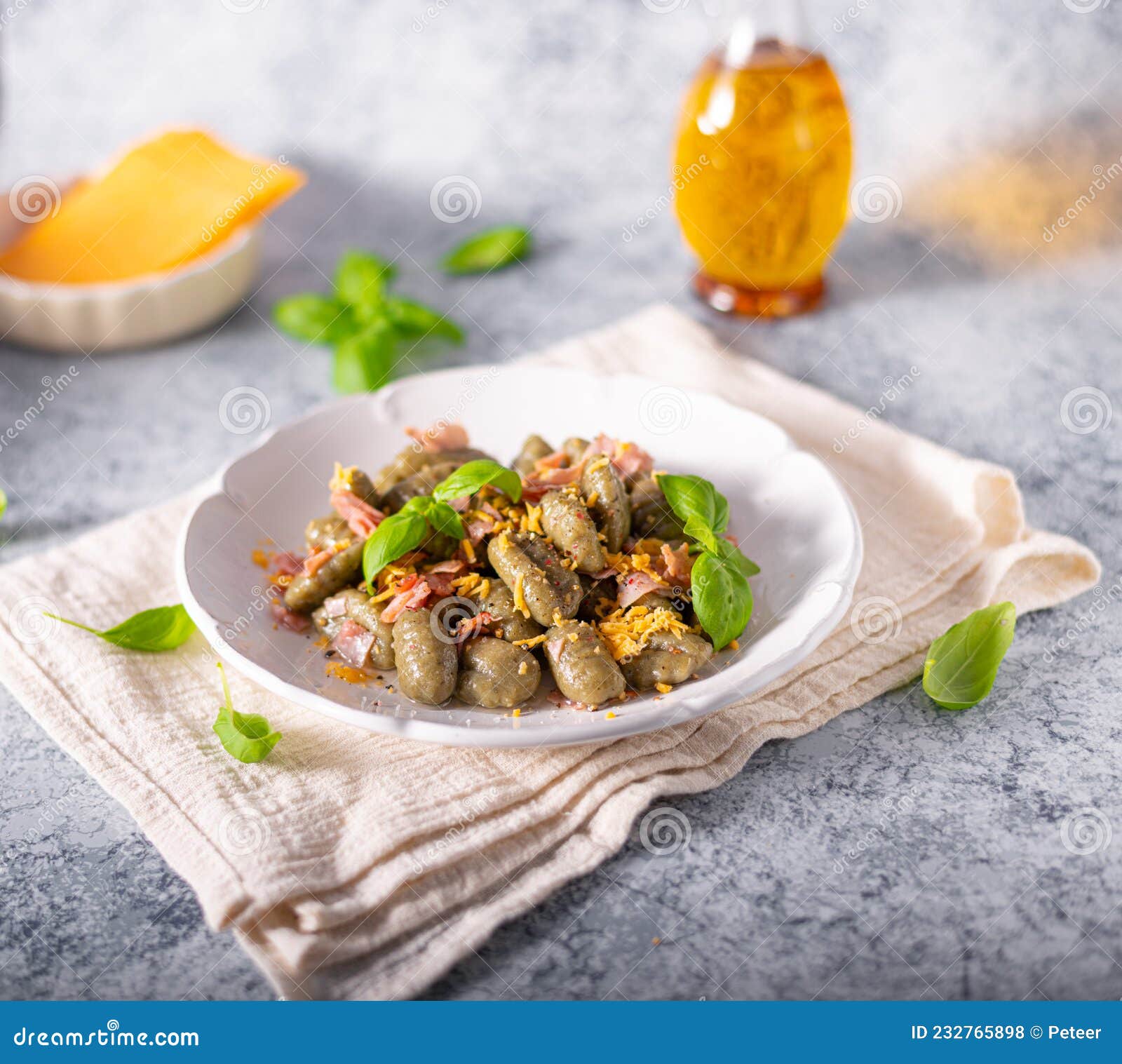 Spinach gnocchi with ham stock photo. Image of healthy 232765898