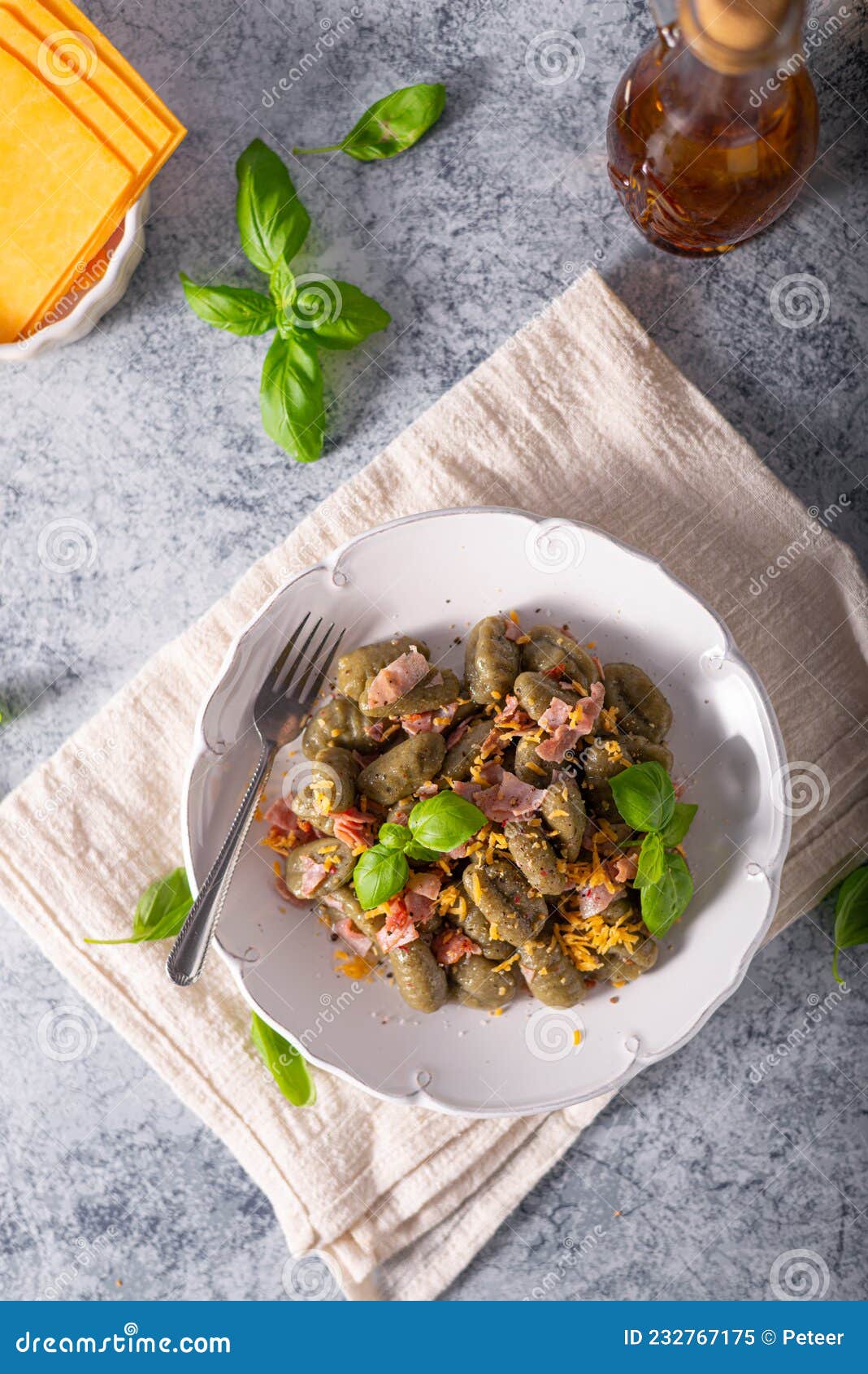 Spinach gnocchi with ham stock image. Image of italy 232767175