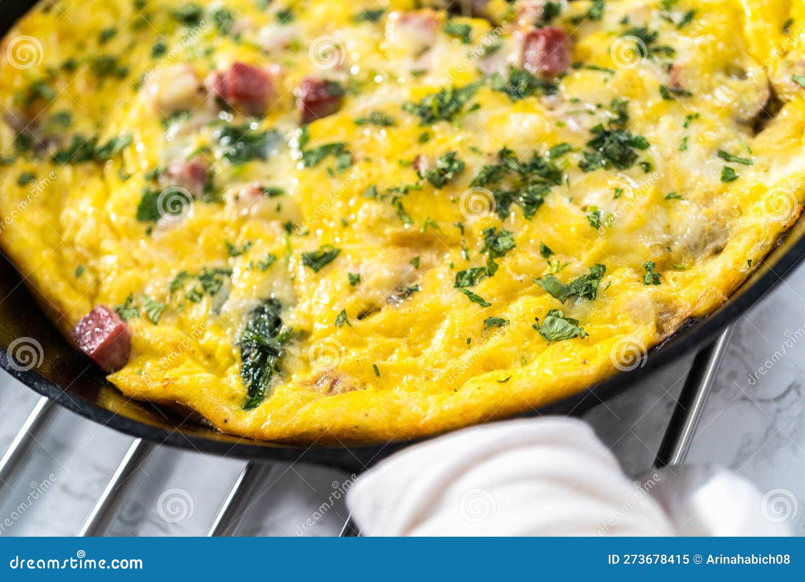 Spinach and ham frittata stock image. Image of meat 273678415