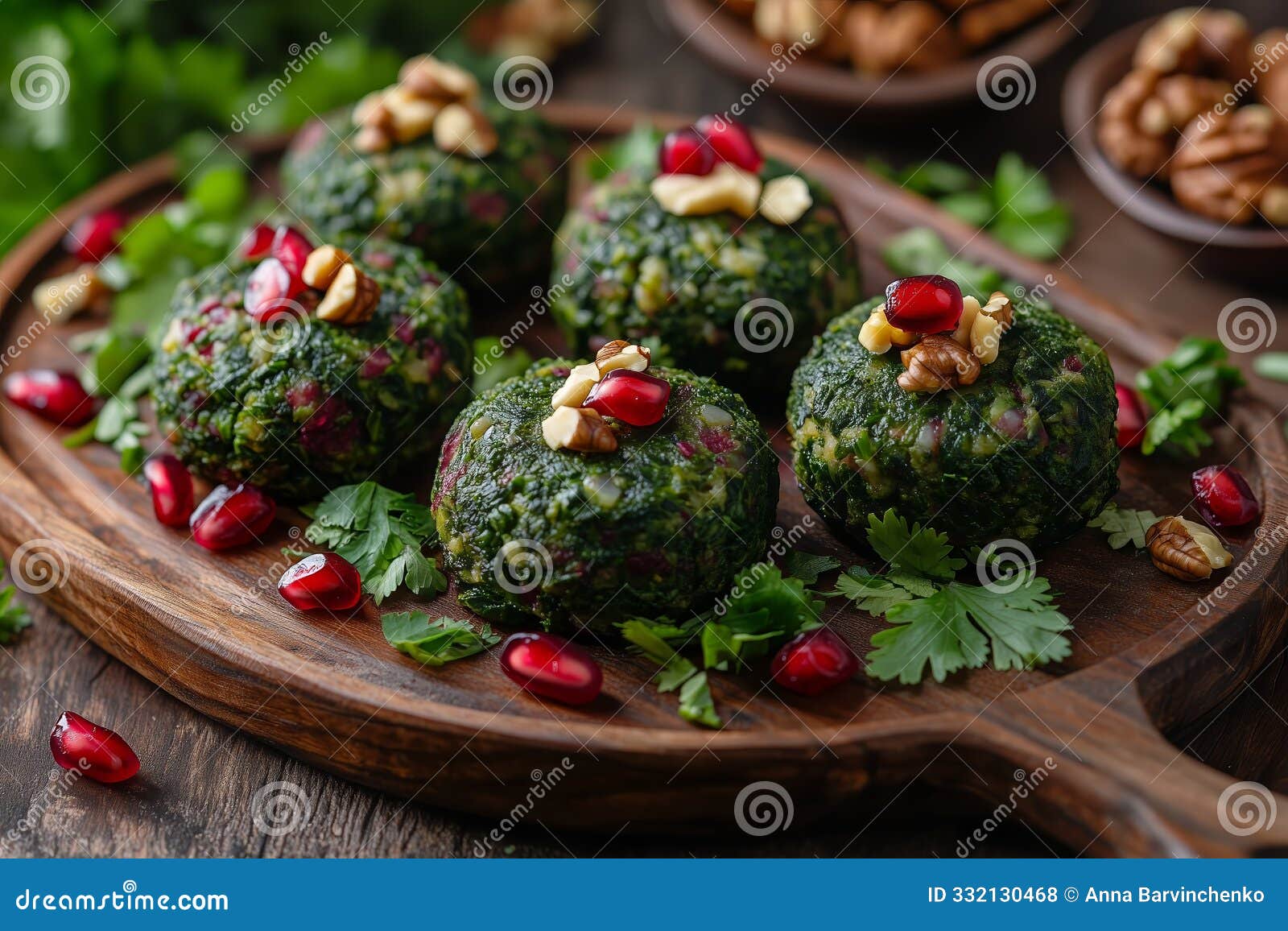 spinach pkhali on wooden board