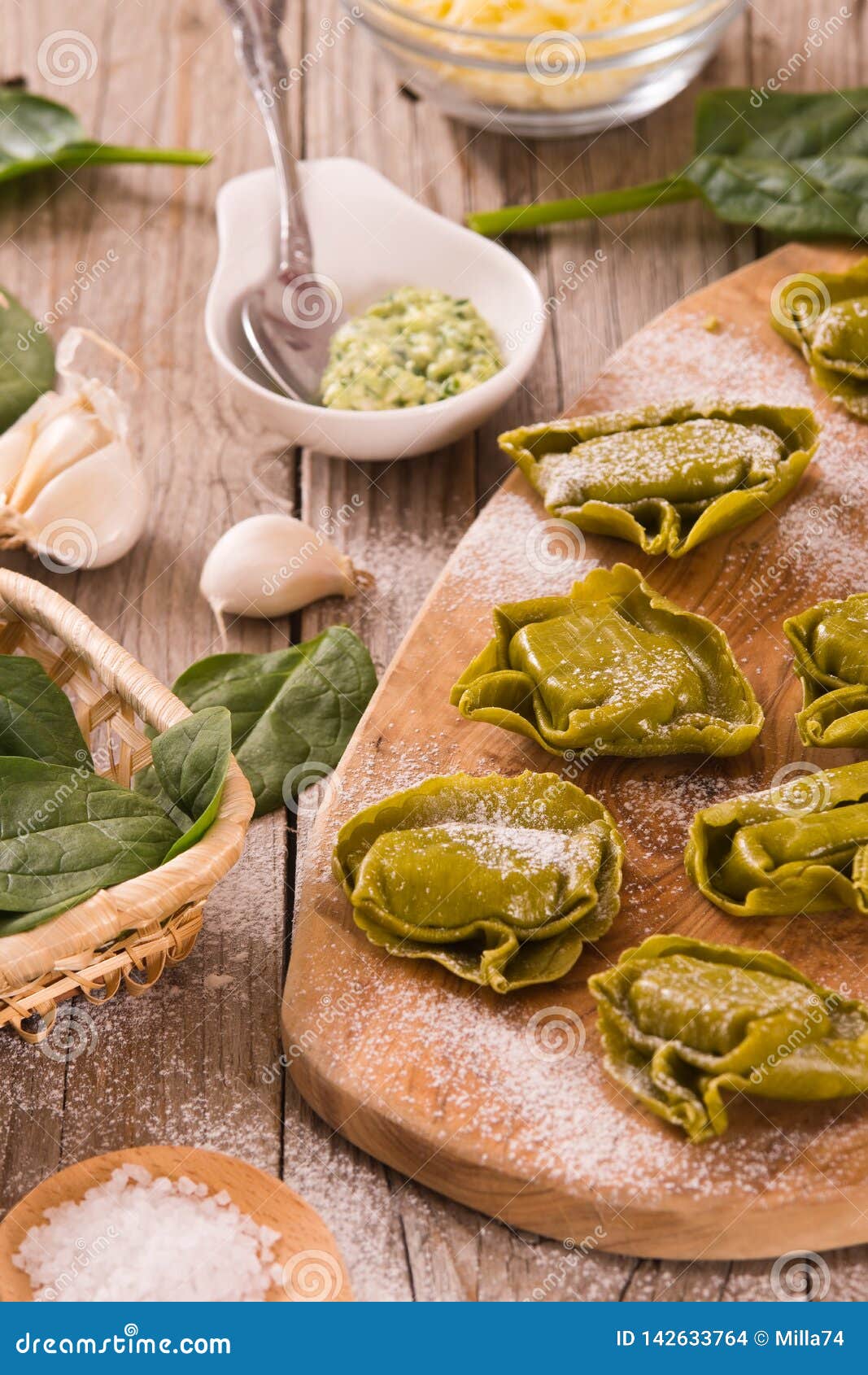 Spinach Ravioli with Ricotta Cheese Filling. Stock Photo - Image of