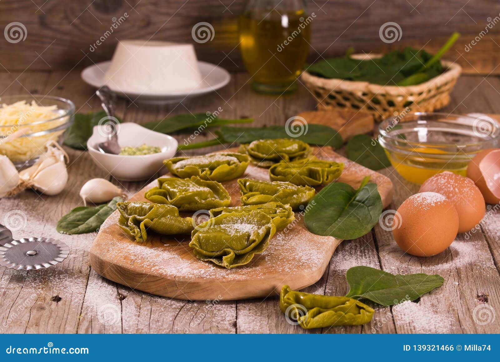 Spinach Ravioli with Ricotta Cheese Filling. Stock Photo - Image of