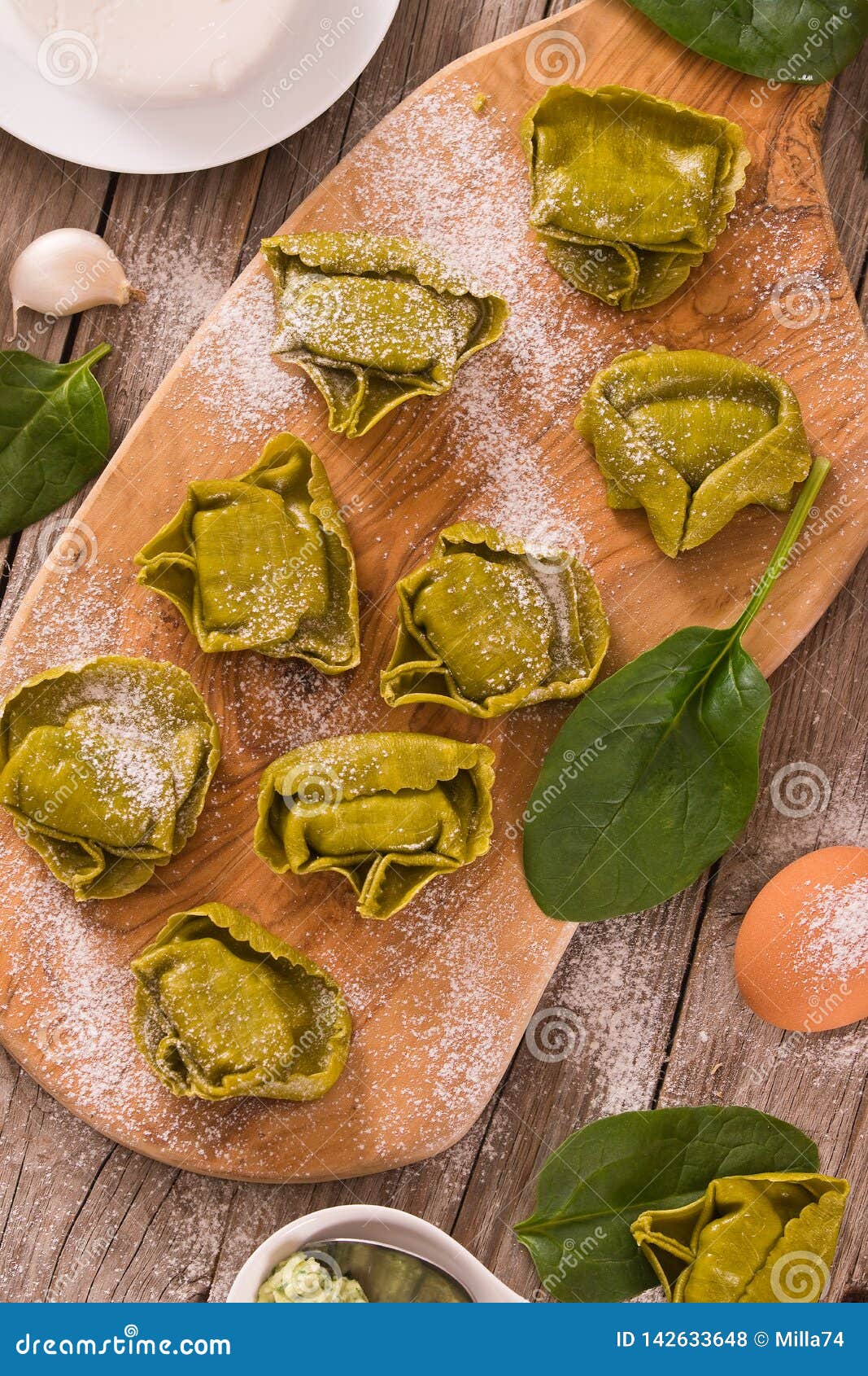 Spinach Ravioli with Ricotta Cheese Filling. Stock Photo - Image of