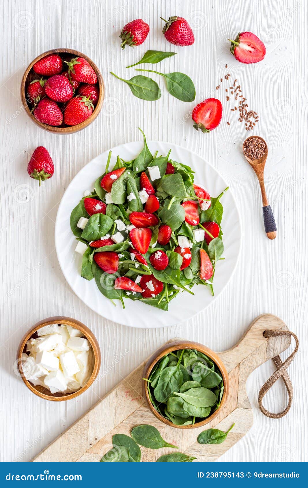 Spinach Salad with Strawberry and Goat Cheese, Top View Stock Image