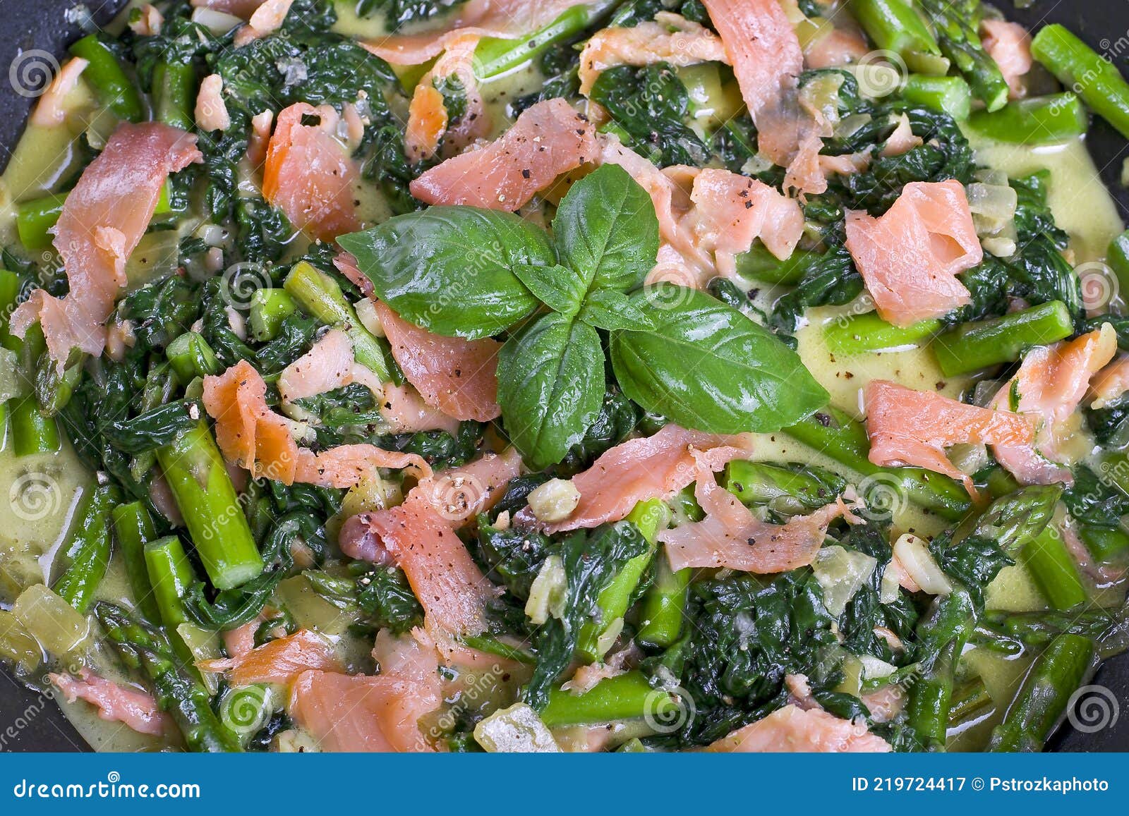 Spinach with Salmon, Blue Cheese and Asparagus in a Pan Stock Image Image of food, cooked