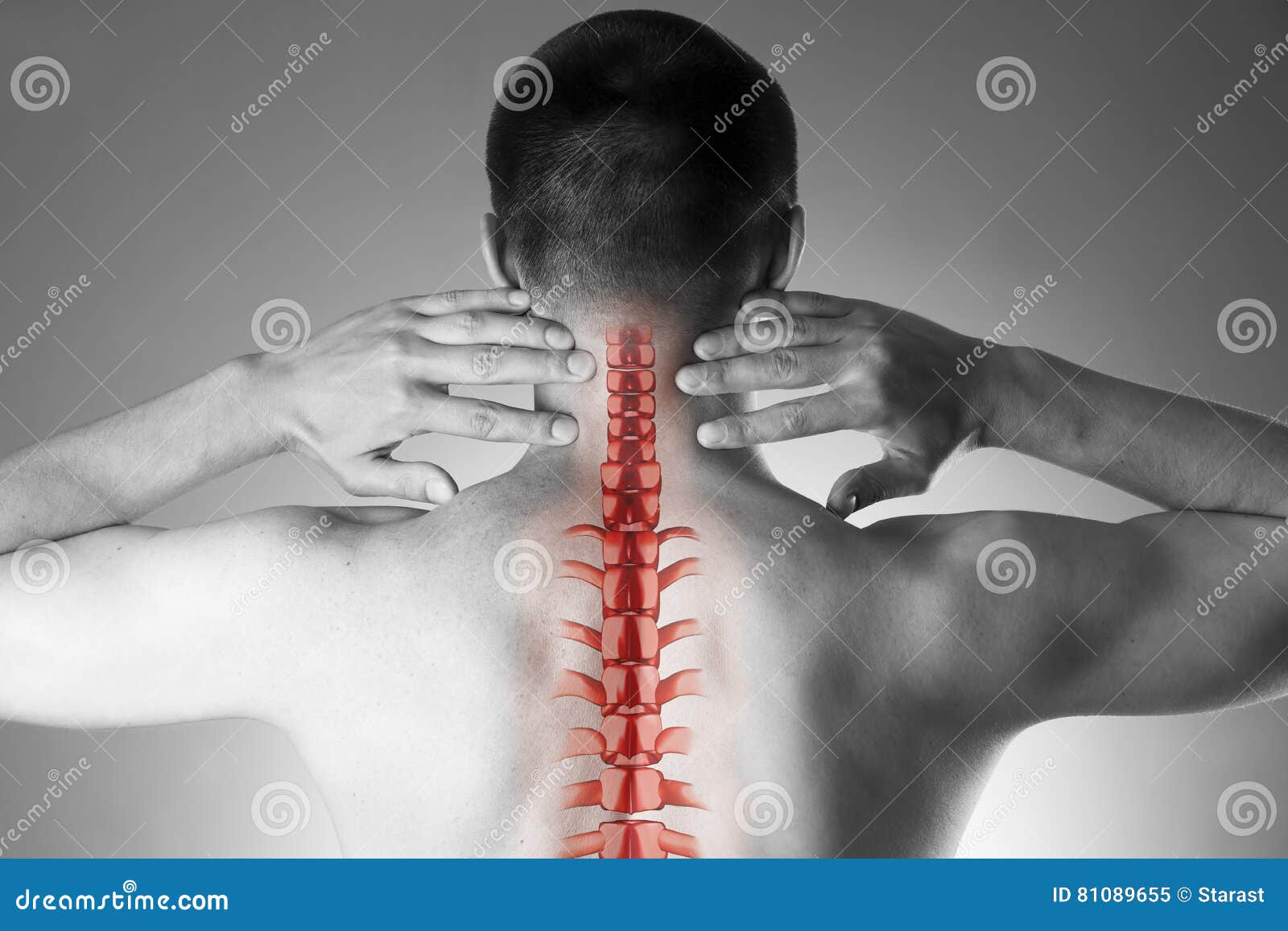 spine pain, man with backache and ache in the neck, black and white photo with red backbone