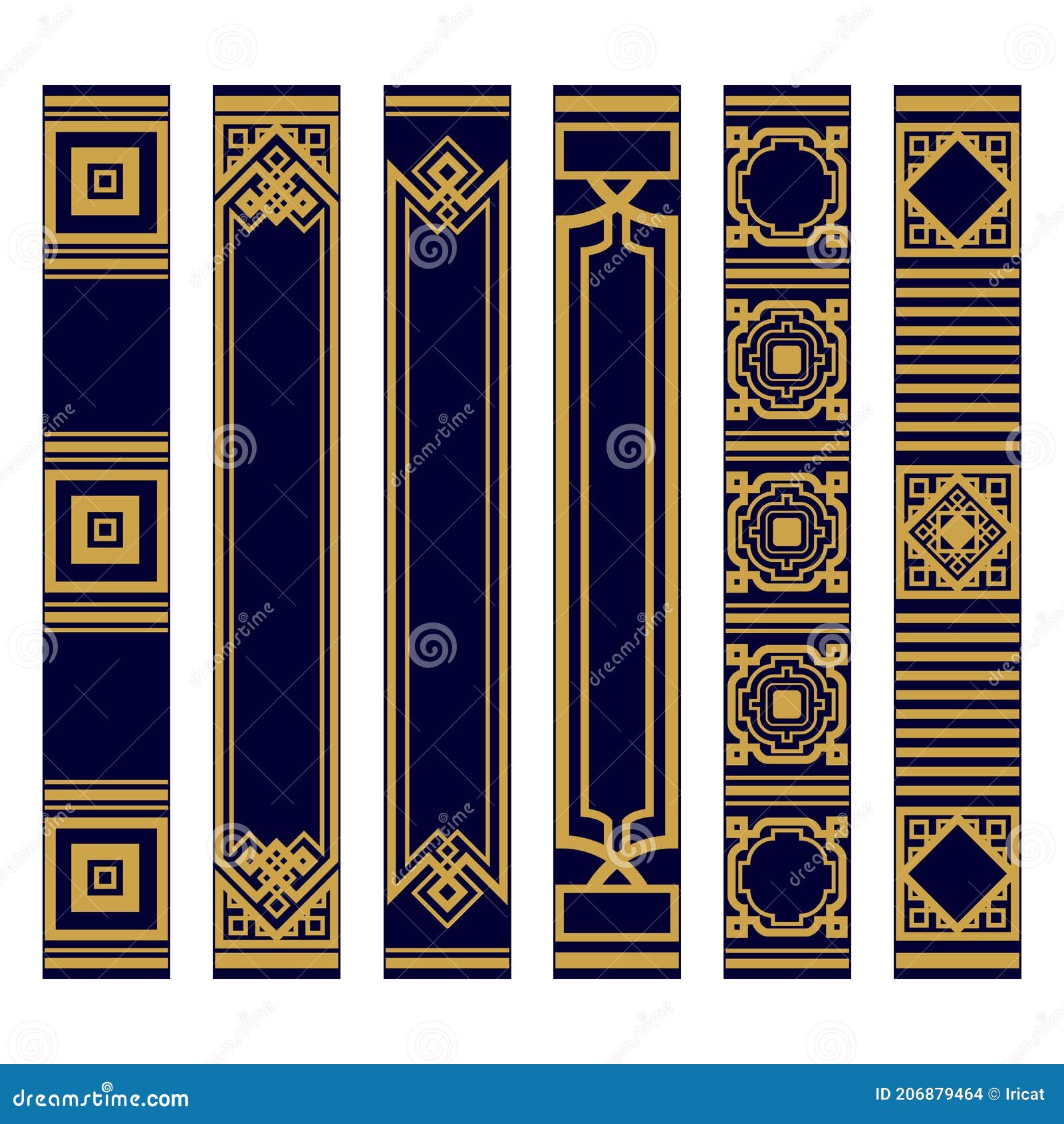 spines of books pattern set. bookbinding template . samples roots of book or bookmarks. luxury gold and blue ornament.