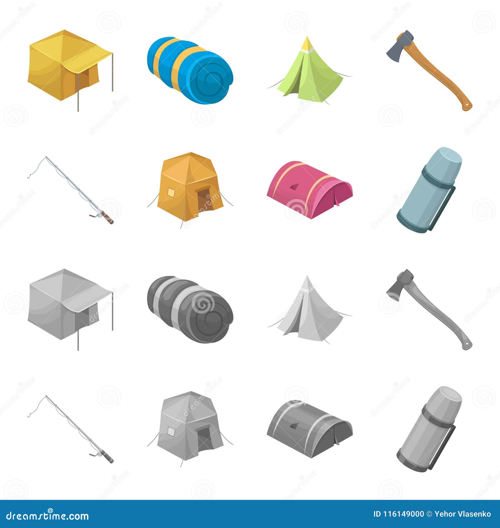 Spinning for Fishing, Tent, Thermos.Tent Set Collection Icons in