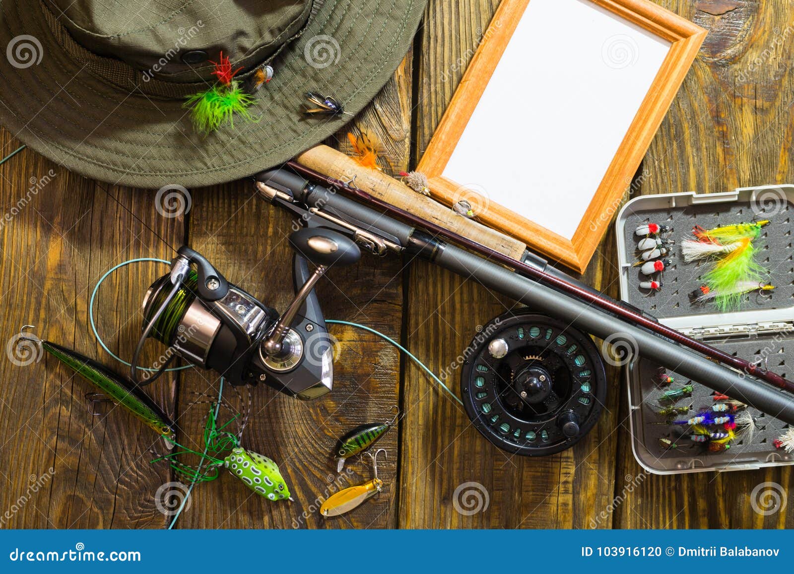 Spinning, Fly Fishing, Flies, Spinners, Hat and Frame for Your Label Lying  on a Wooden Table. Stock Photo - Image of recreation, deceive: 103916120