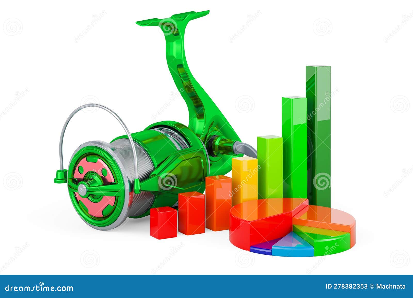Spinning Reel with Growth Bar Graph and Pie Chart, 3D Rendering Stock