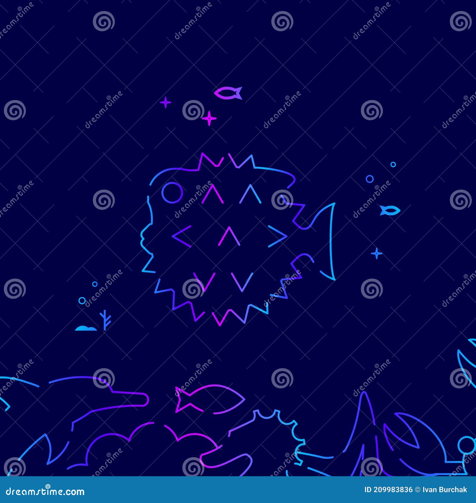 spiny fish, puffer fish  line icon,  on a dark blue background. related bottom border