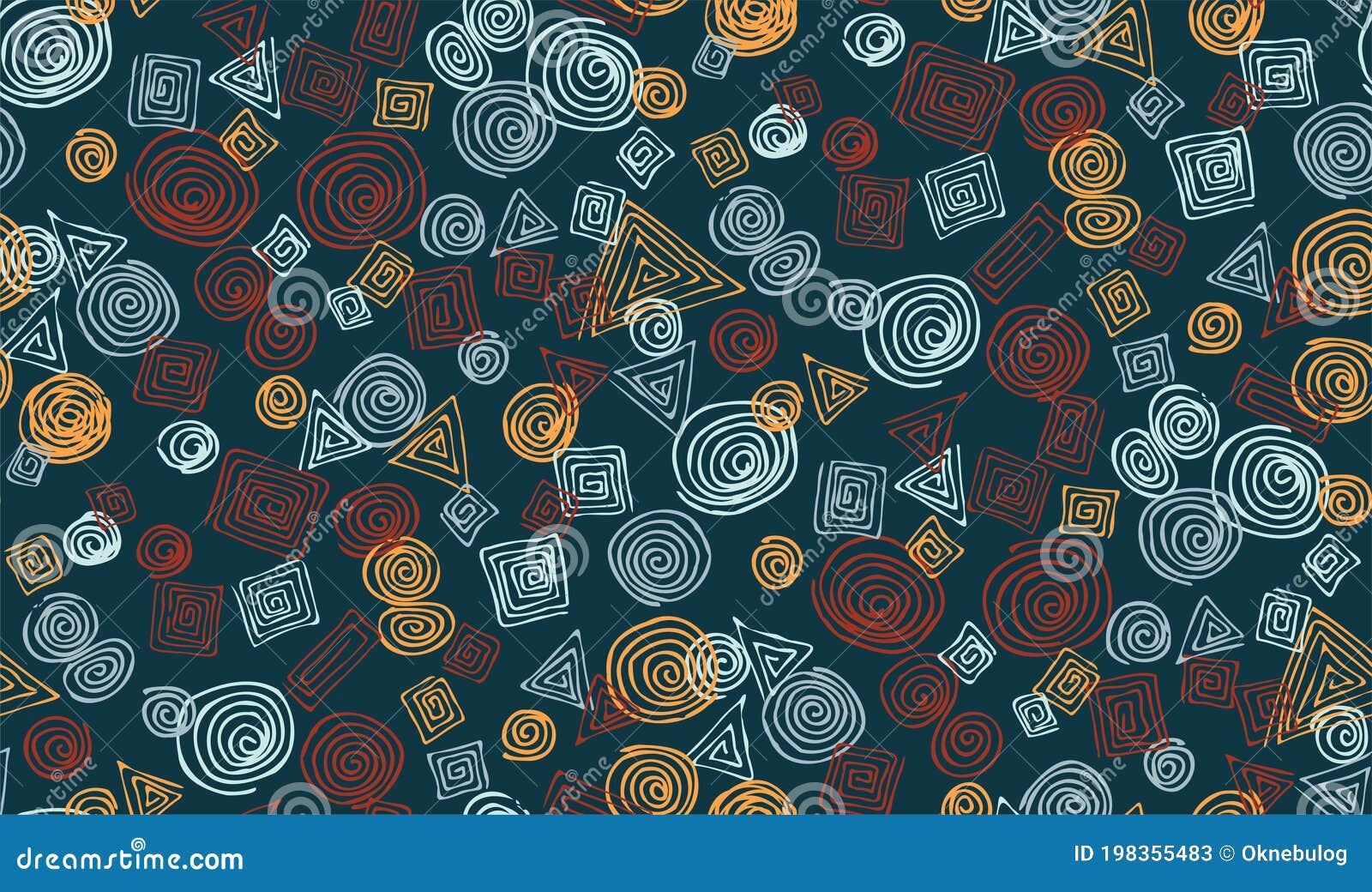 spiral circles, triangles and squares. abstract geometric hand drawn seamless pattern.  doodle 