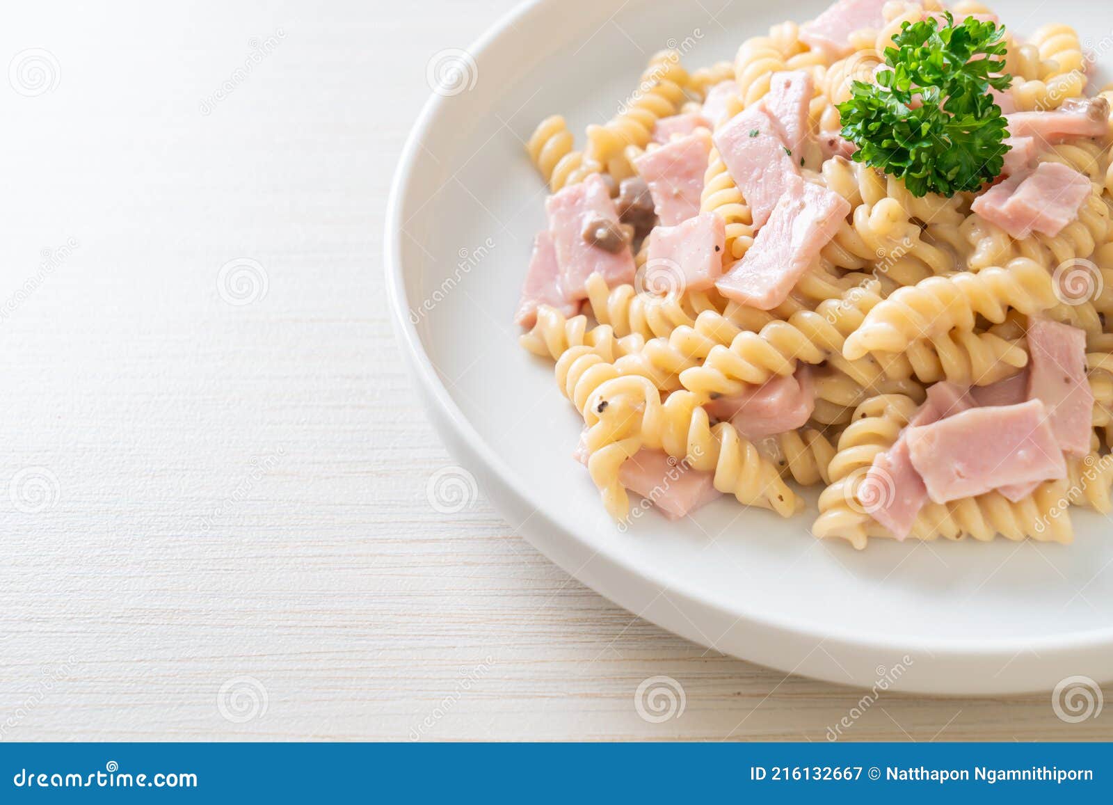 Spiral Pasta Mushroom Cream Sauce with Ham Stock Image - Image of