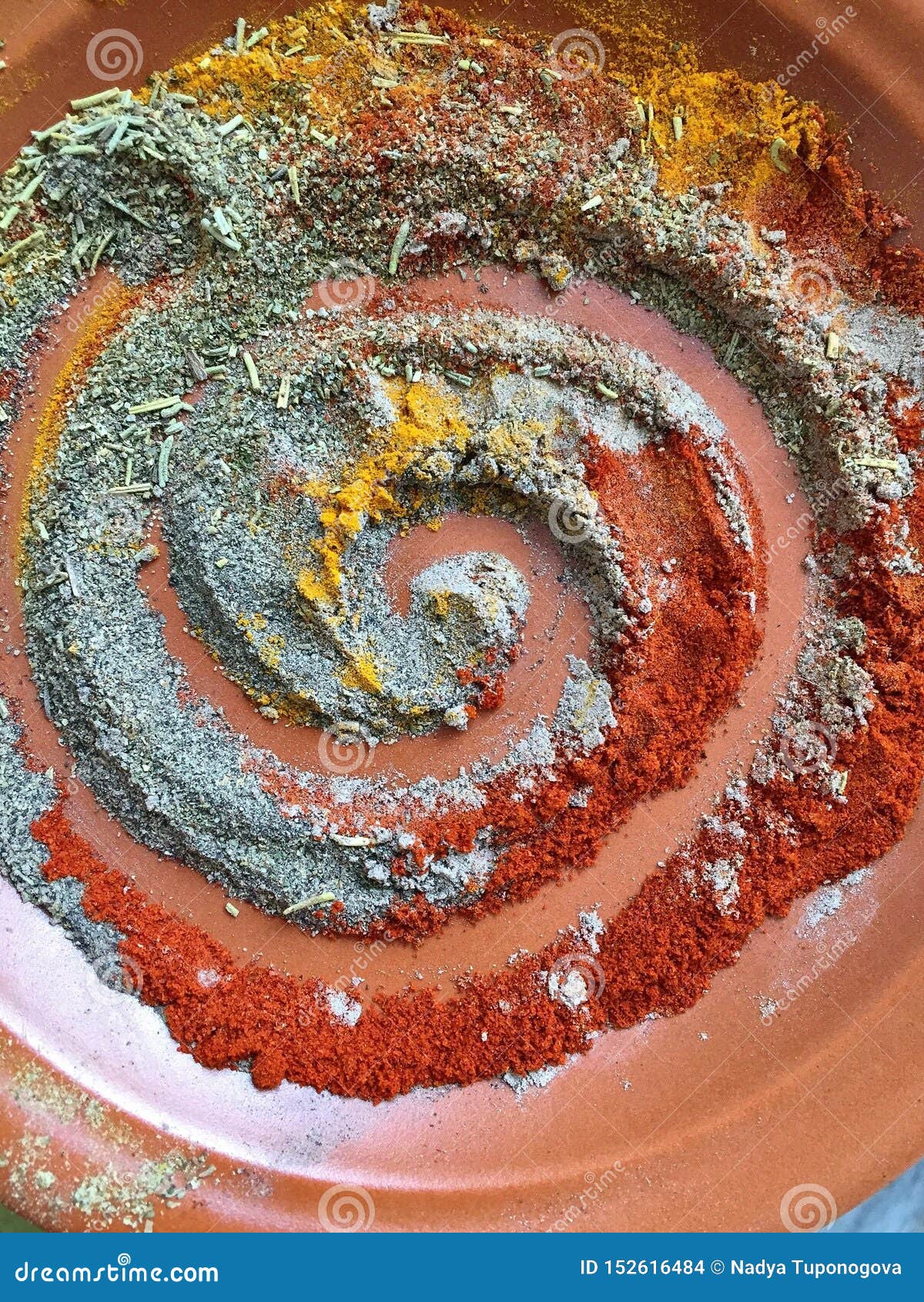 Spiral Spices Pepper Cumin Cardamom Turmeric Rosemary Paprika Stock