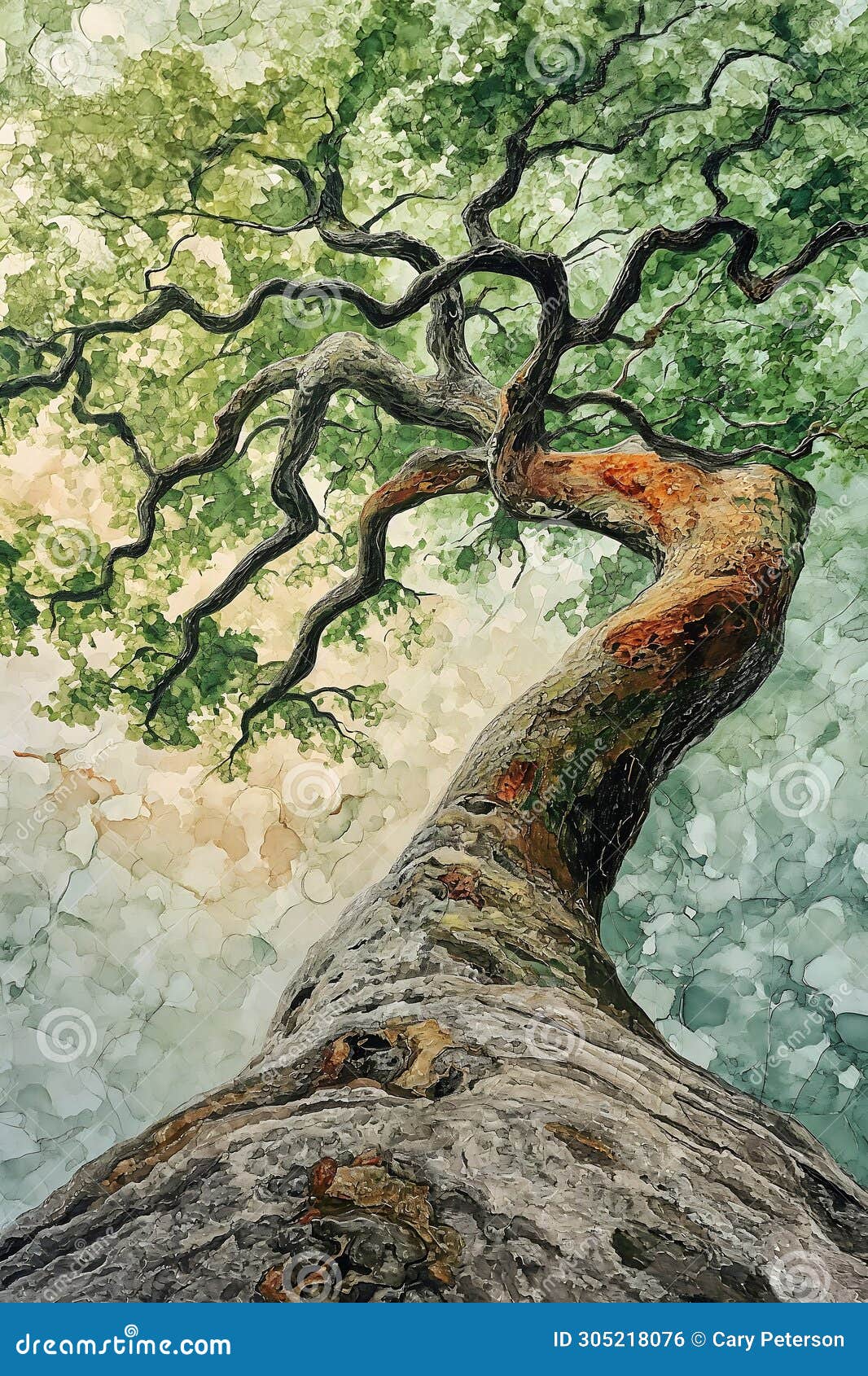 spiraling shades: a whimsical oak tree ink wash on a vibrant yel