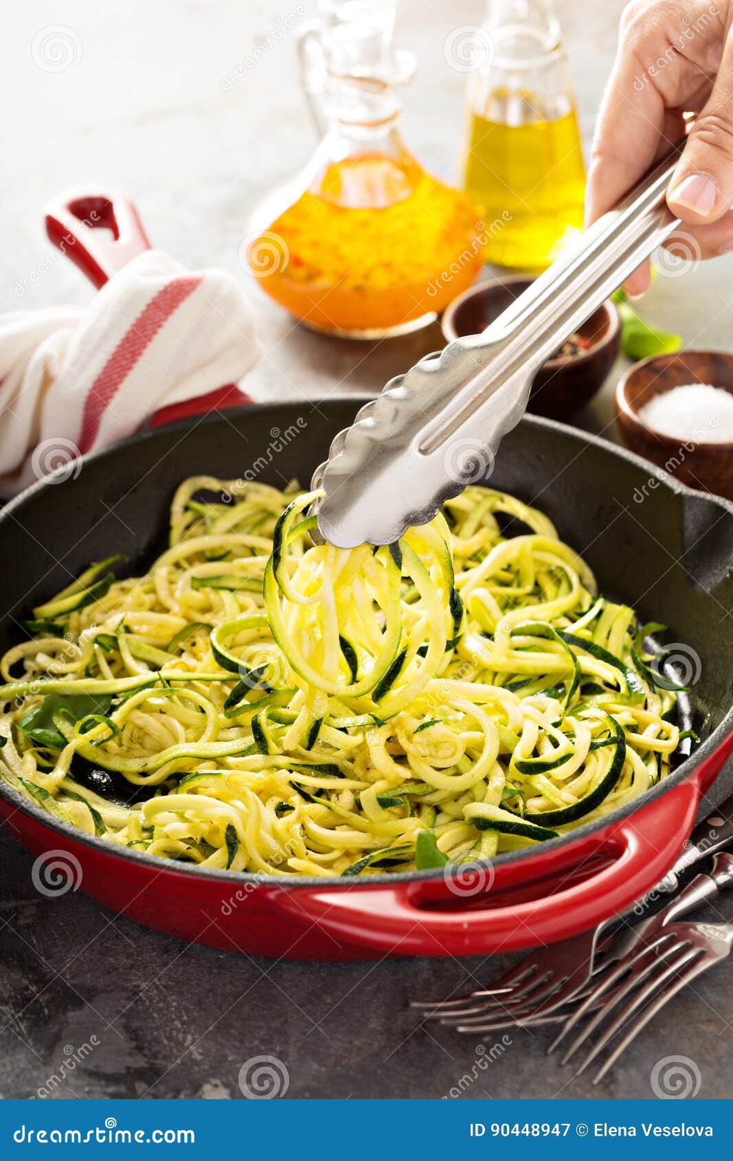 Spiralized Zucchini Noodles in a Cast Iron Pan Stock Image Image of