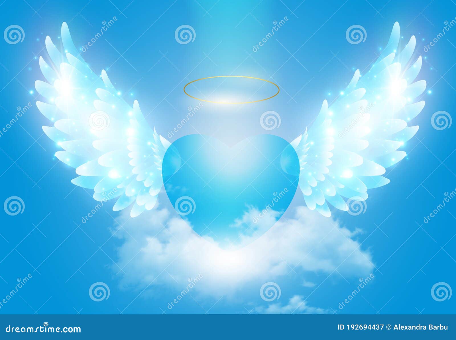 spiritual guidance, divine energy, angel of light and love doing a miracle on sky, blue angelic wings