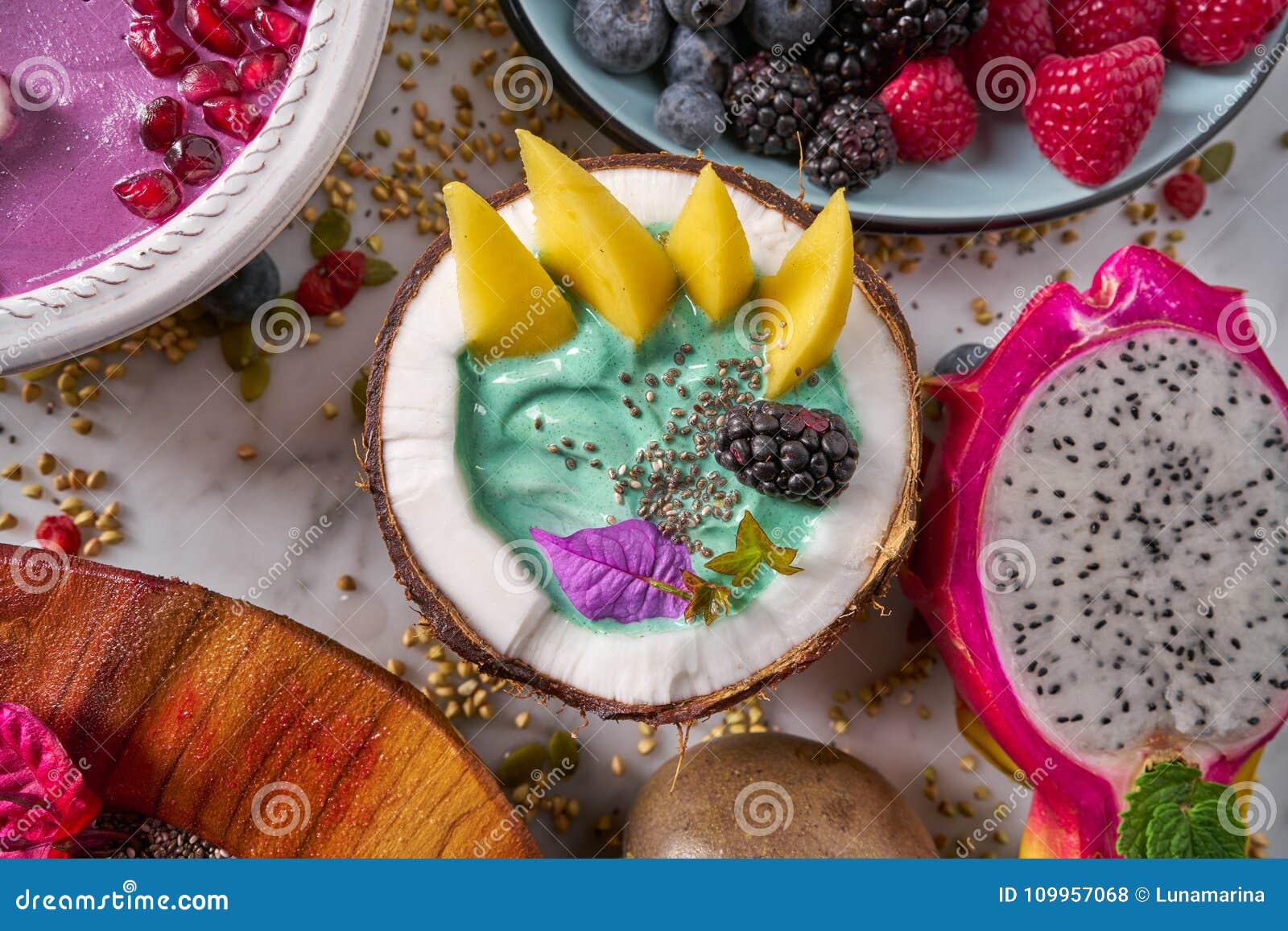 Spirulina Algae Bowl Smoothie with Mango Stock Photo Image of closeup, fruit 109957068