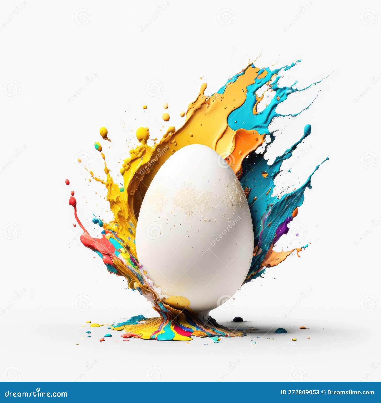 Splash of Bright Paint on a White Egg on a White Background Stock