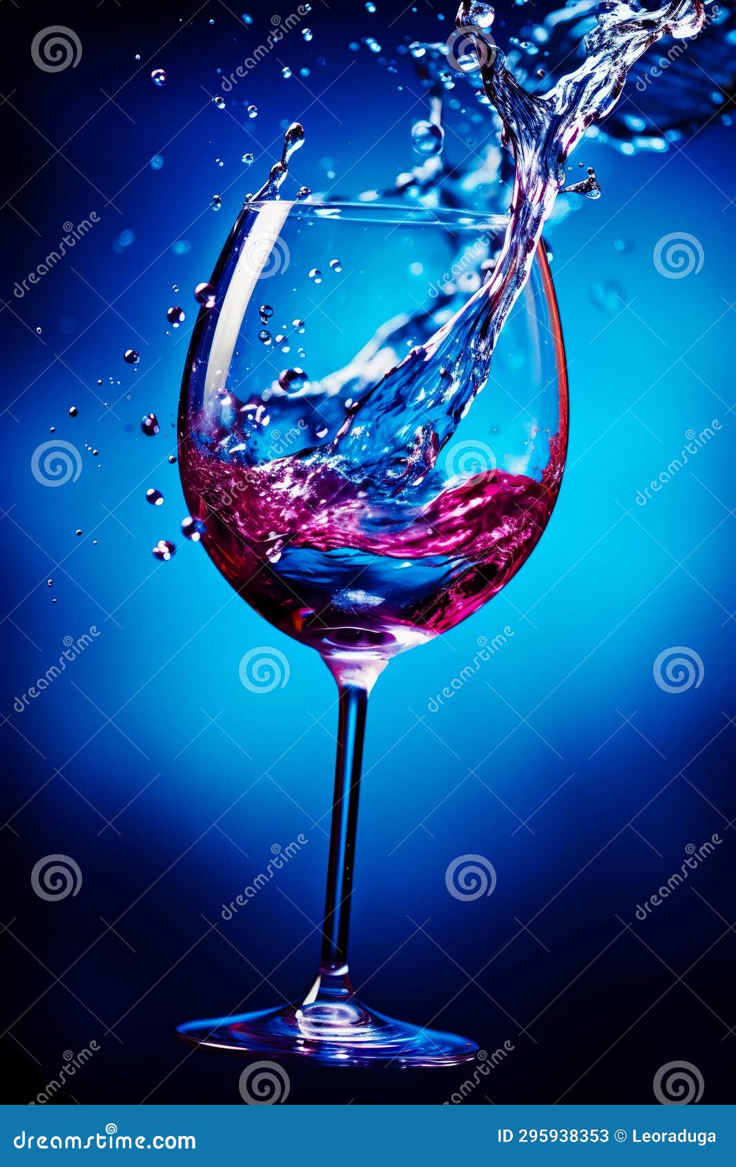 Splashes of Water in a Wine Glass, with Blue Filter, Close Up with Copy