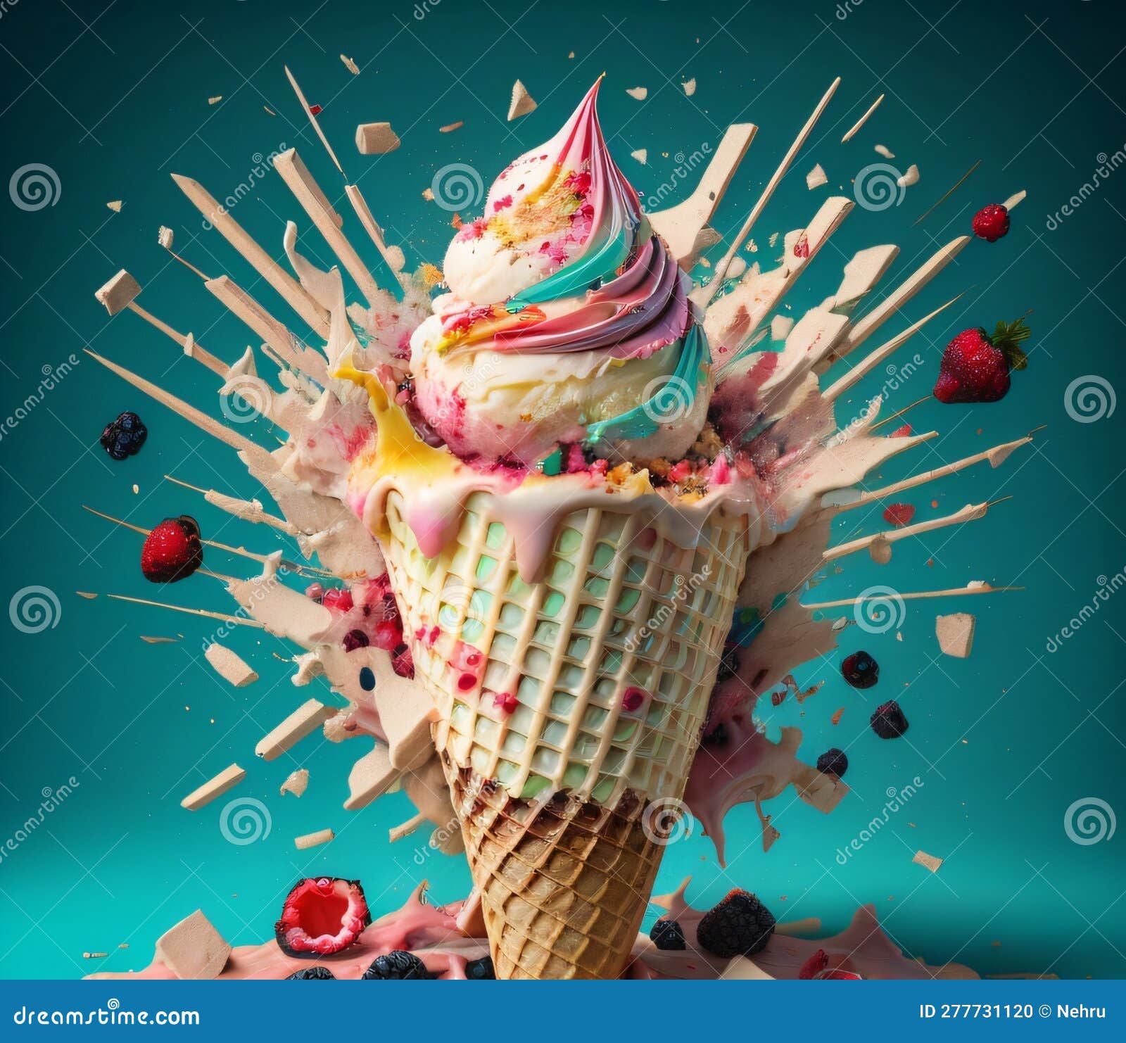 Splashing Ice Cream with Berries and Fruits Stock Illustration