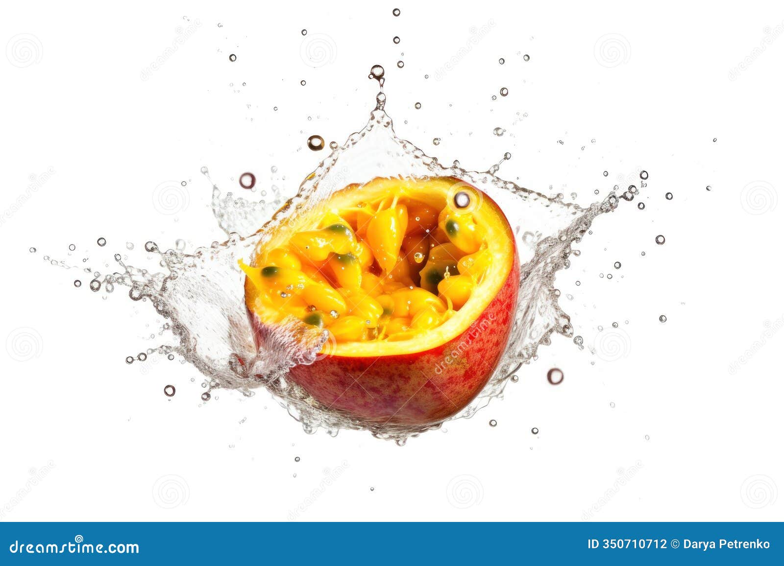 fresh passion fruit halves frozen mid-splash, showcasing vibrant colors and dynamic water droplets