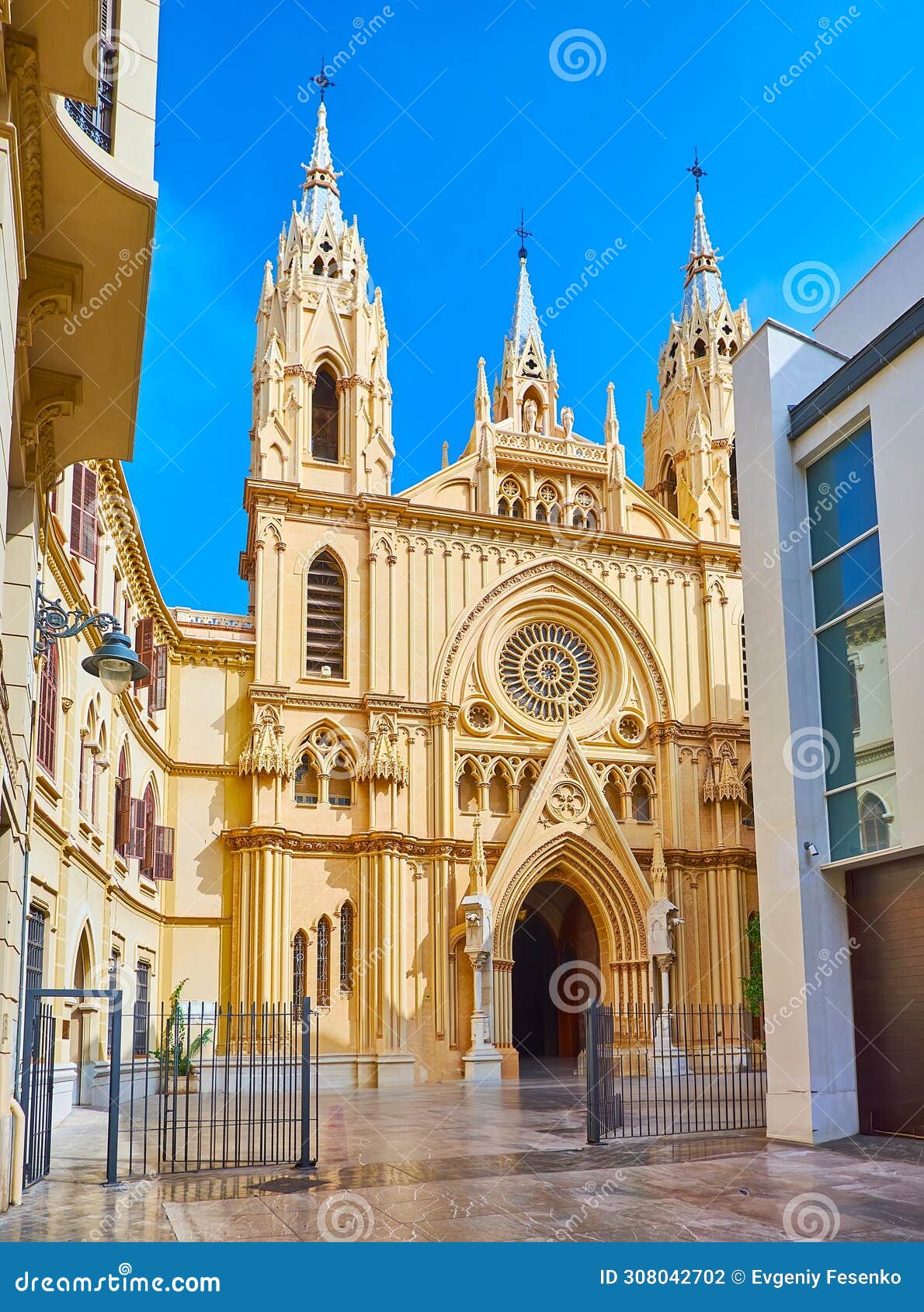 the facade of sagrado corazon (sacred heart) church in malaga, spain