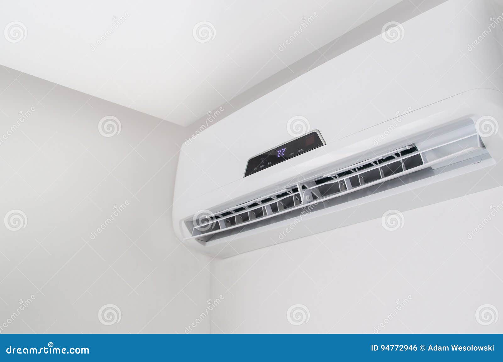 Split Air Conditioner Closeup On White Wall In Flat Indoors