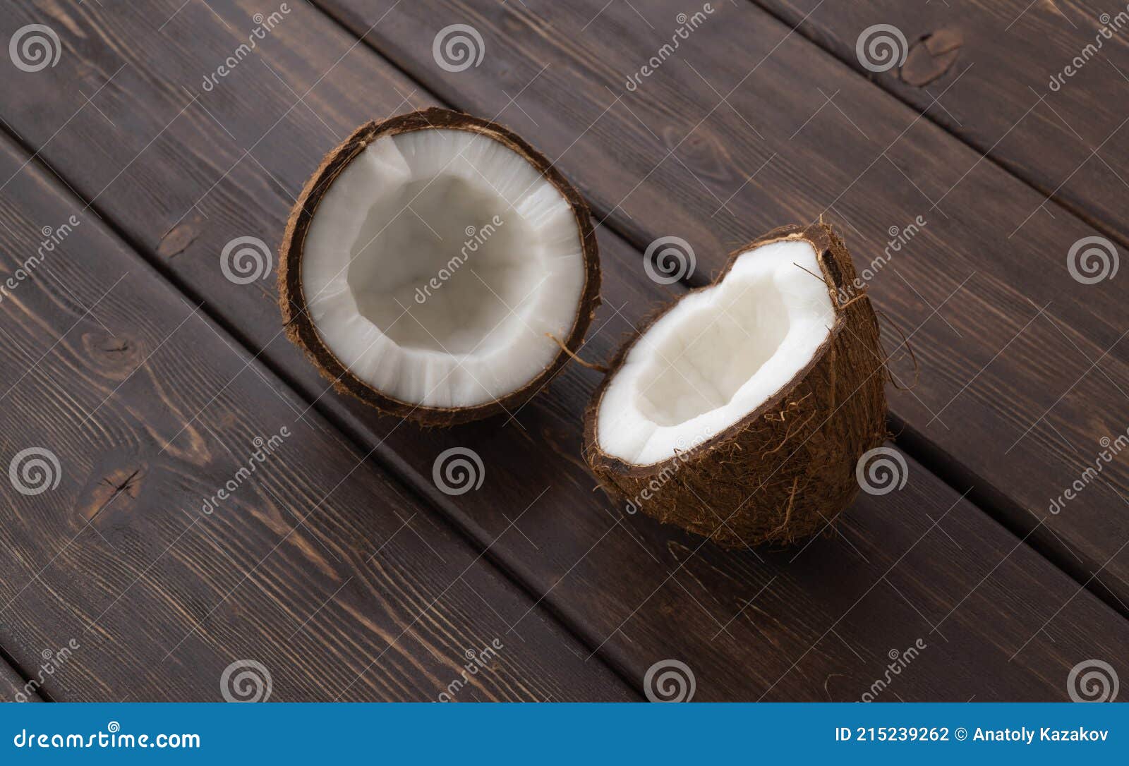 Split Coconut on Wooden Planks. Coco, Ripe Palm Fruit. Outside of the ...