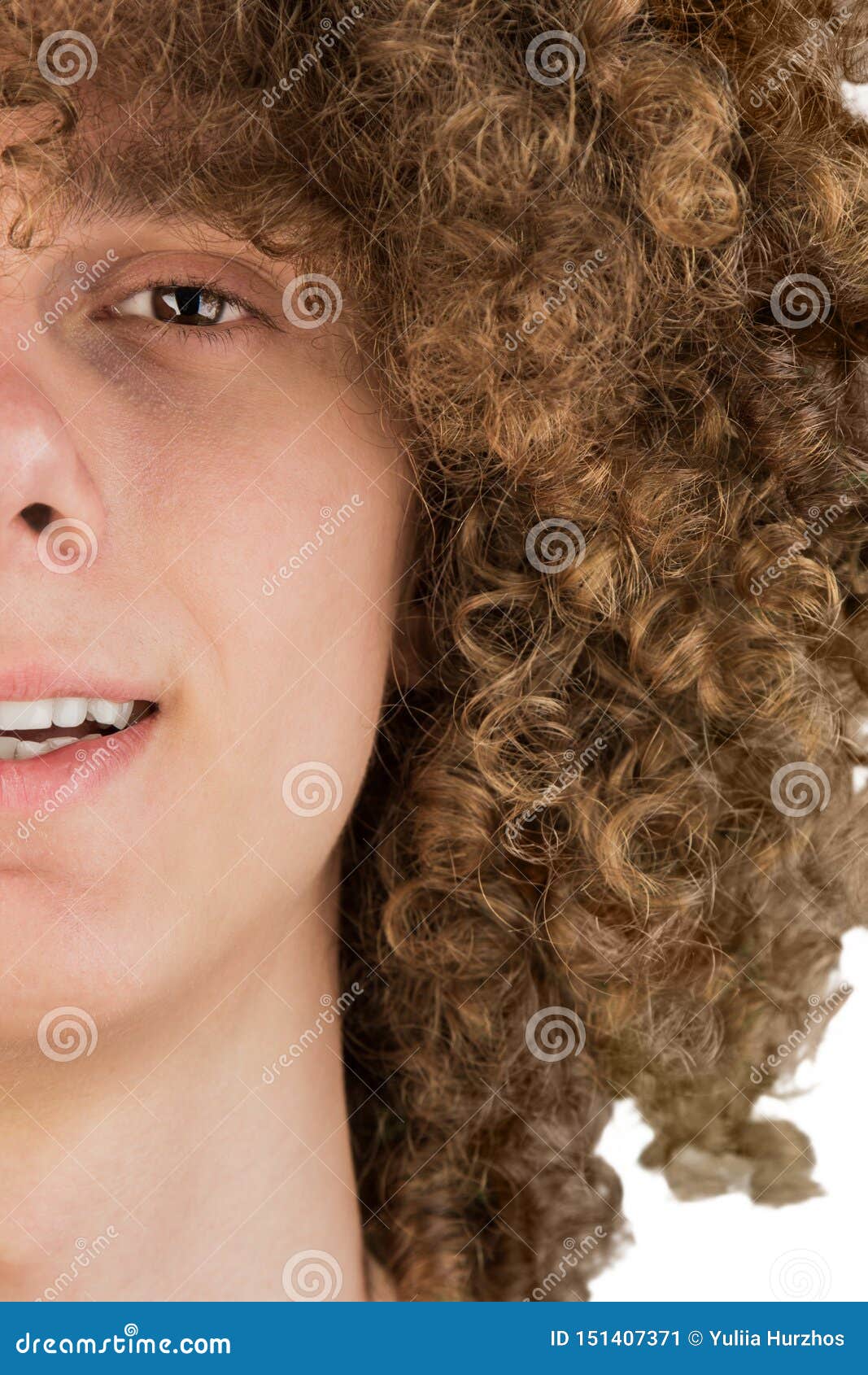Split in Half Cropped Portrait of a Young Curly European Man with Long Curly  Hair and a Dreamy Smile Close-up. Very Lush Male Hair Stock Image - Image  of pondering, hair: 151407371