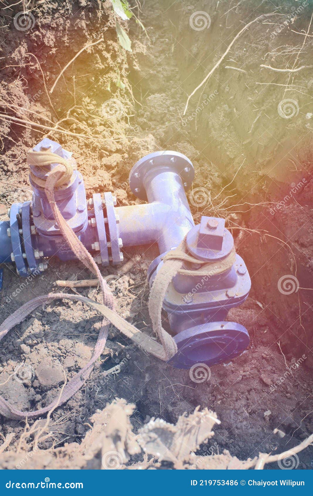 Split Pipe in the Soil,Threeway Blue Steel Pipe Plumbing Work