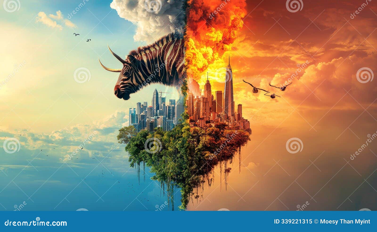 a split-scene image depicting a zebra transitioning from a lush paradise to a burning city, izing the clash between nature