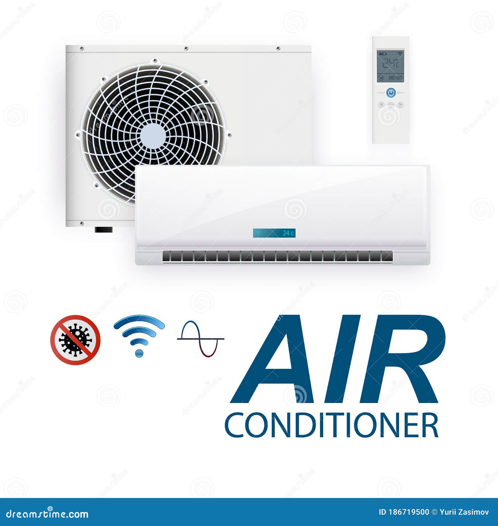 Split System Air Conditioner Inverter Realistic Conditioning With With Wifi Control Over The Internet And Antivirus Stock Vector Illustration Of Condition Cold 186719500